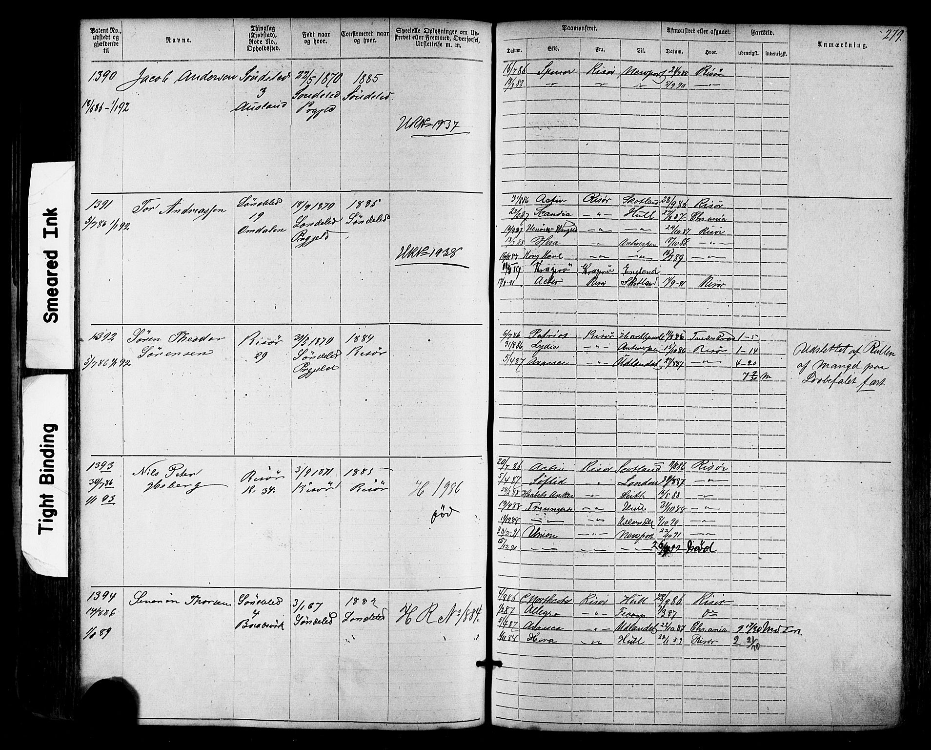 Risør mønstringskrets, SAK/2031-0010/F/Fa/L0003: Annotasjonsrulle nr 1-1913 med register, T-7, 1863-1899, s. 217