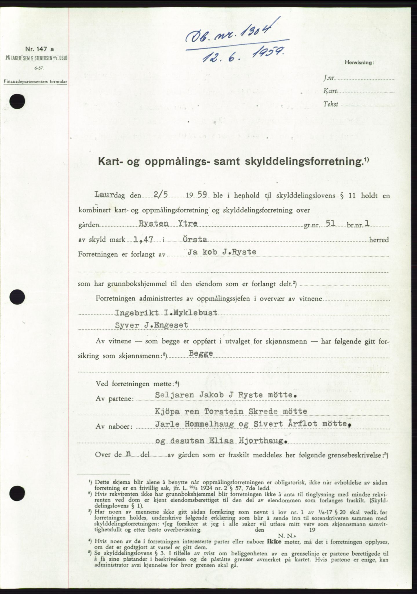 Søre Sunnmøre sorenskriveri, SAT/A-4122/1/2/2C/L0112: Pantebok nr. 38A, 1959-1959, Dagboknr: 1304/1959
