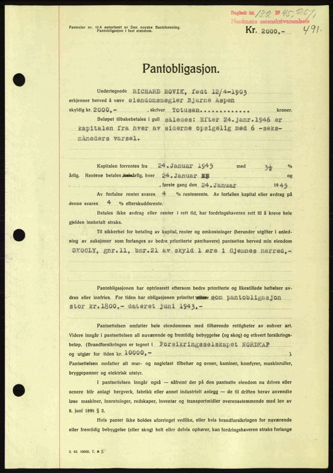 Nordmøre sorenskriveri, AV/SAT-A-4132/1/2/2Ca: Pantebok nr. B92, 1944-1945, Dagboknr: 132/1945