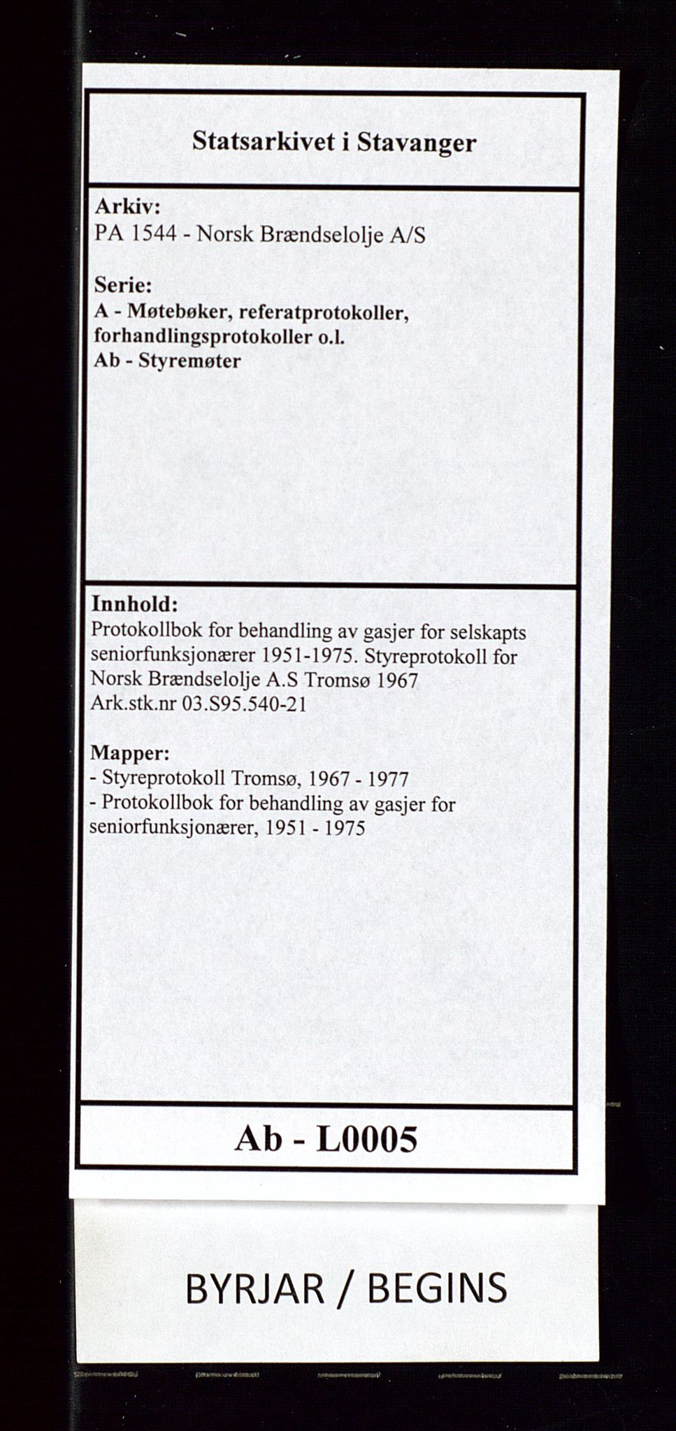 PA 1544 - Norsk Brændselolje A/S, AV/SAST-A-101965/1/A/Ab/L0005/0002: Protokollbok for behandling av gasjer for selskapts seniorfunksjonærer 1951-1975. Styreprotokoll for Norsk Brændselolje A.S Tromsø 1967 / Protokollbok for behandling av gasjer for seniorfunksjonærer, 1951-1975