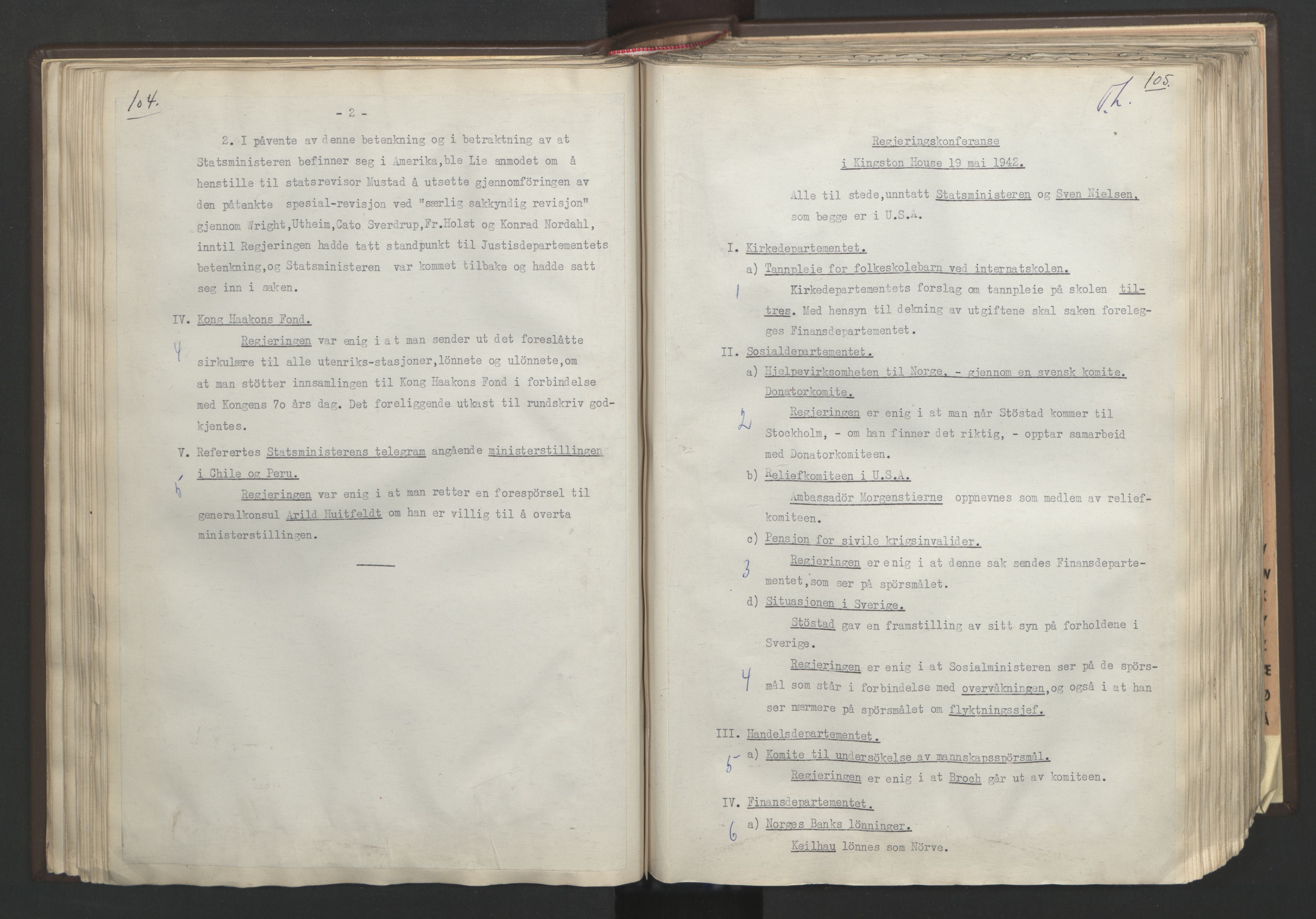 Statsministerens kontor, AV/RA-S-1005/A/Aa/L0002: Referat fra regjeringskonferanser, 1942-1943, s. 104-105