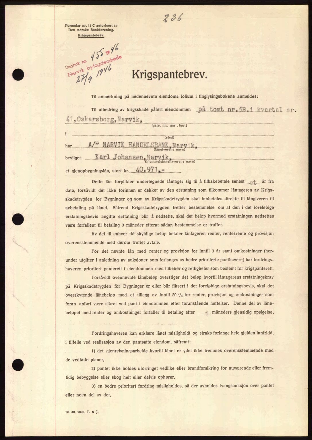 Narvik sorenskriveri, SAT/A-0002/1/2/2C/2Ca: Pantebok nr. A21, 1946-1947, Dagboknr: 455/1946