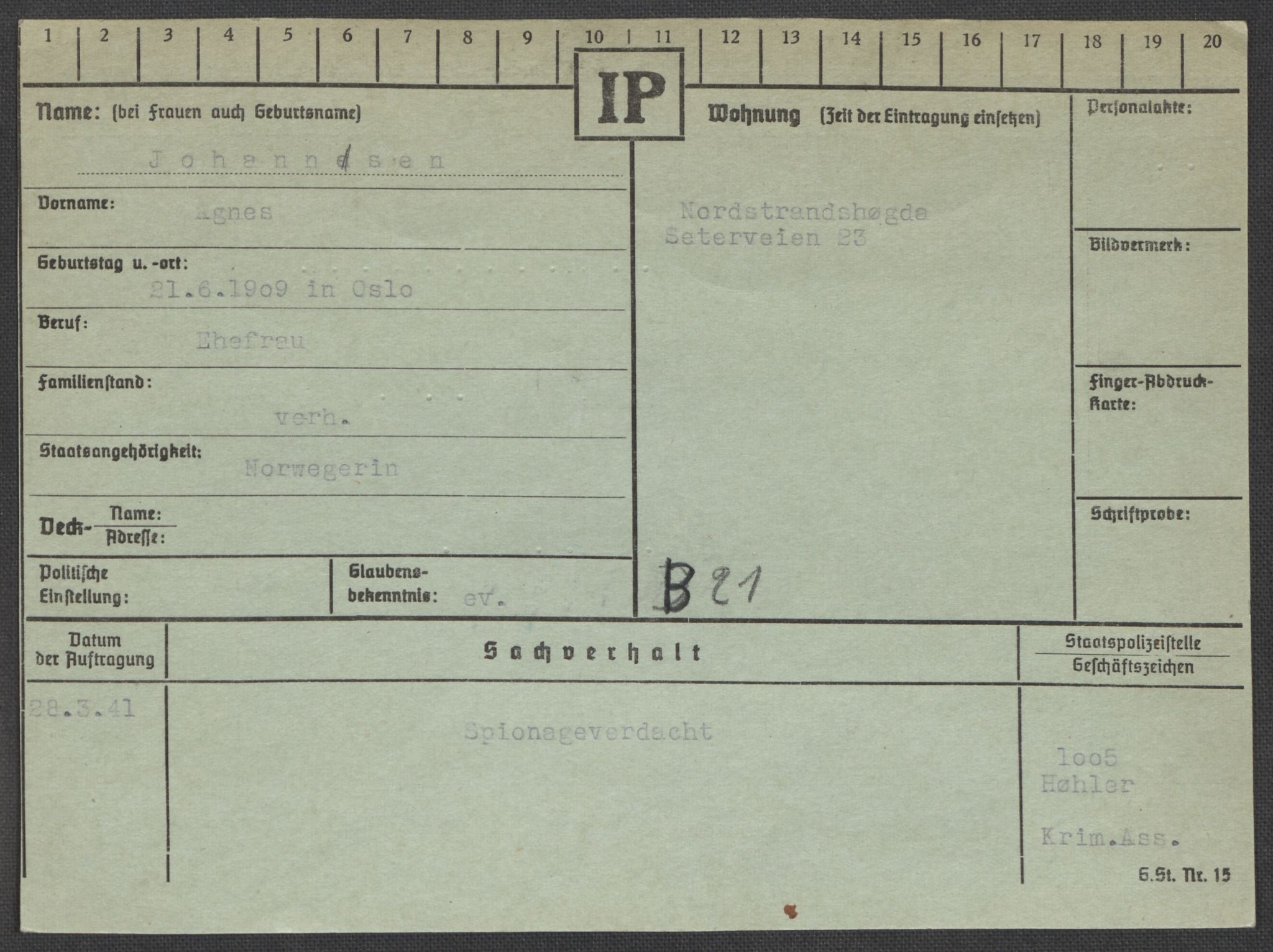 Befehlshaber der Sicherheitspolizei und des SD, RA/RAFA-5969/E/Ea/Eaa/L0005: Register over norske fanger i Møllergata 19: Hø-Kj, 1940-1945, s. 587