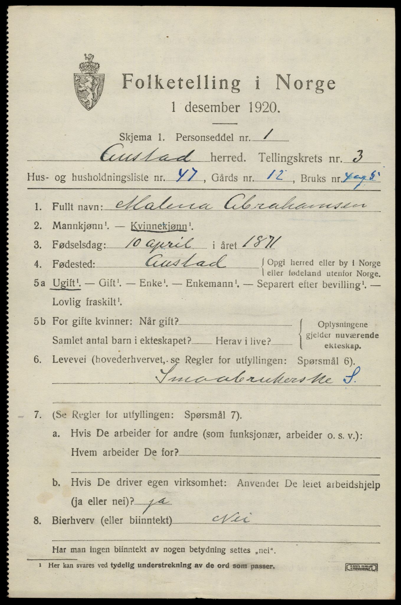 SAK, Folketelling 1920 for 1031 Austad herred, 1920, s. 1367