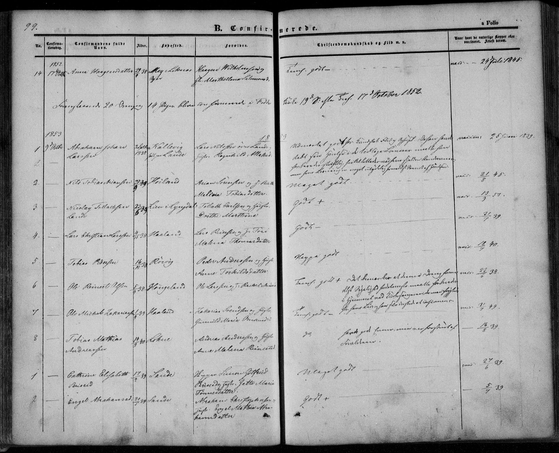 Kvinesdal sokneprestkontor, SAK/1111-0026/F/Fa/Faa/L0002: Ministerialbok nr. A 2, 1850-1876, s. 99