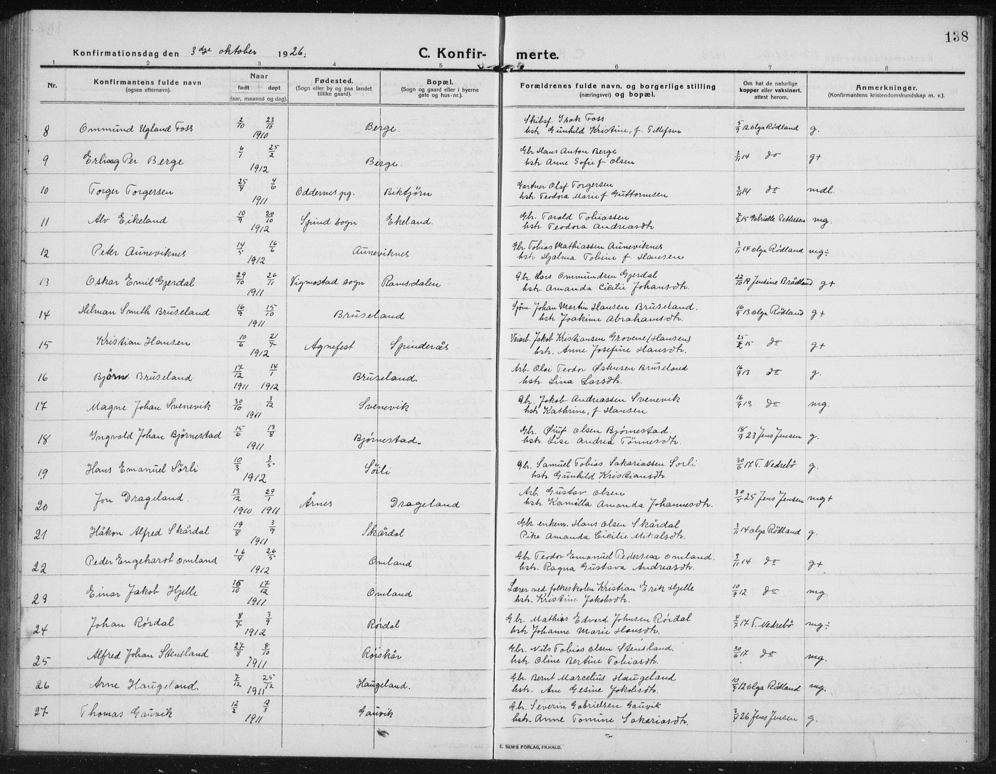 Lyngdal sokneprestkontor, AV/SAK-1111-0029/F/Fb/Fbc/L0006: Klokkerbok nr. B 6, 1914-1934, s. 138