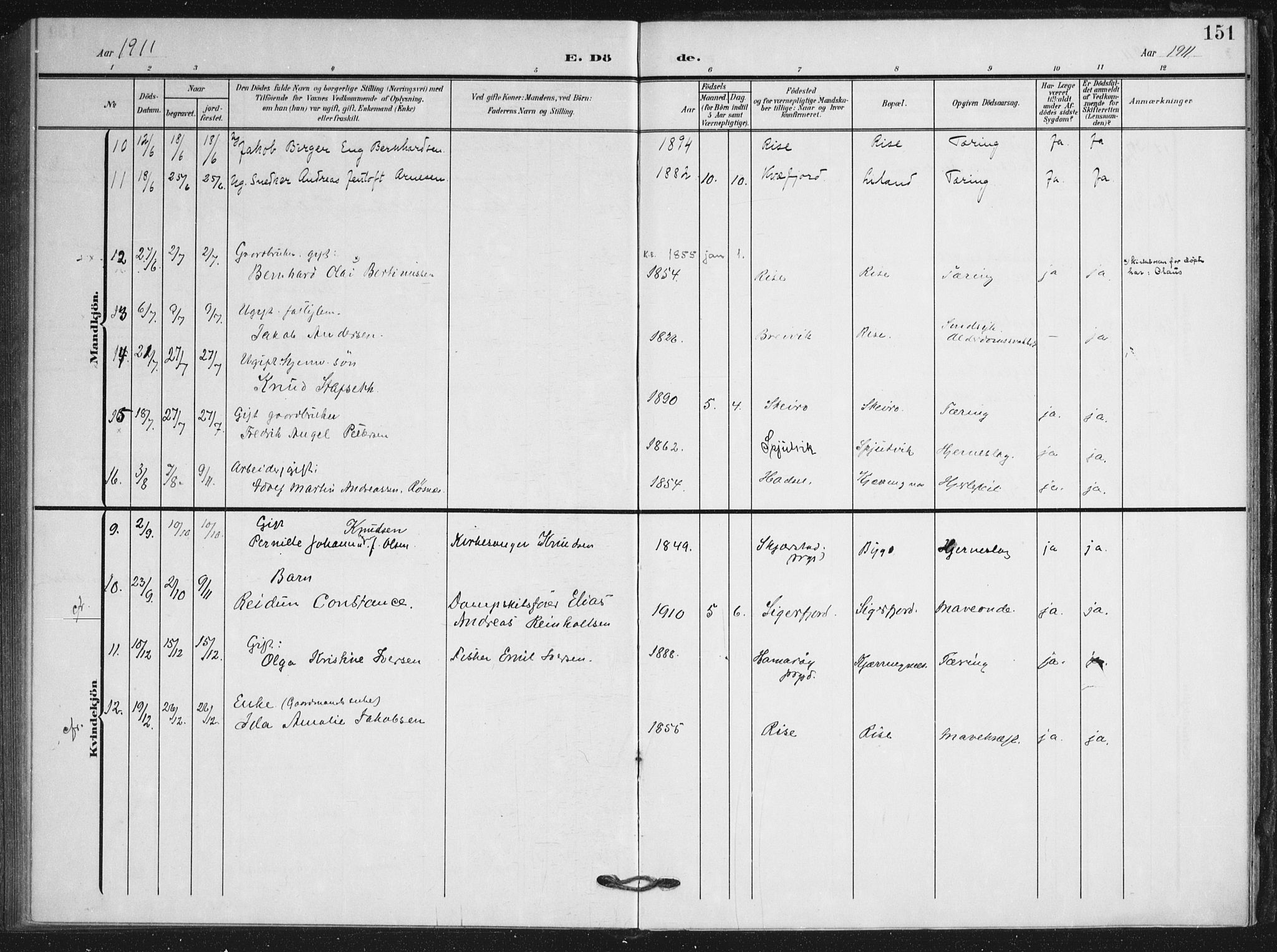 Ministerialprotokoller, klokkerbøker og fødselsregistre - Nordland, SAT/A-1459/895/L1373: Ministerialbok nr. 895A08, 1905-1915, s. 151