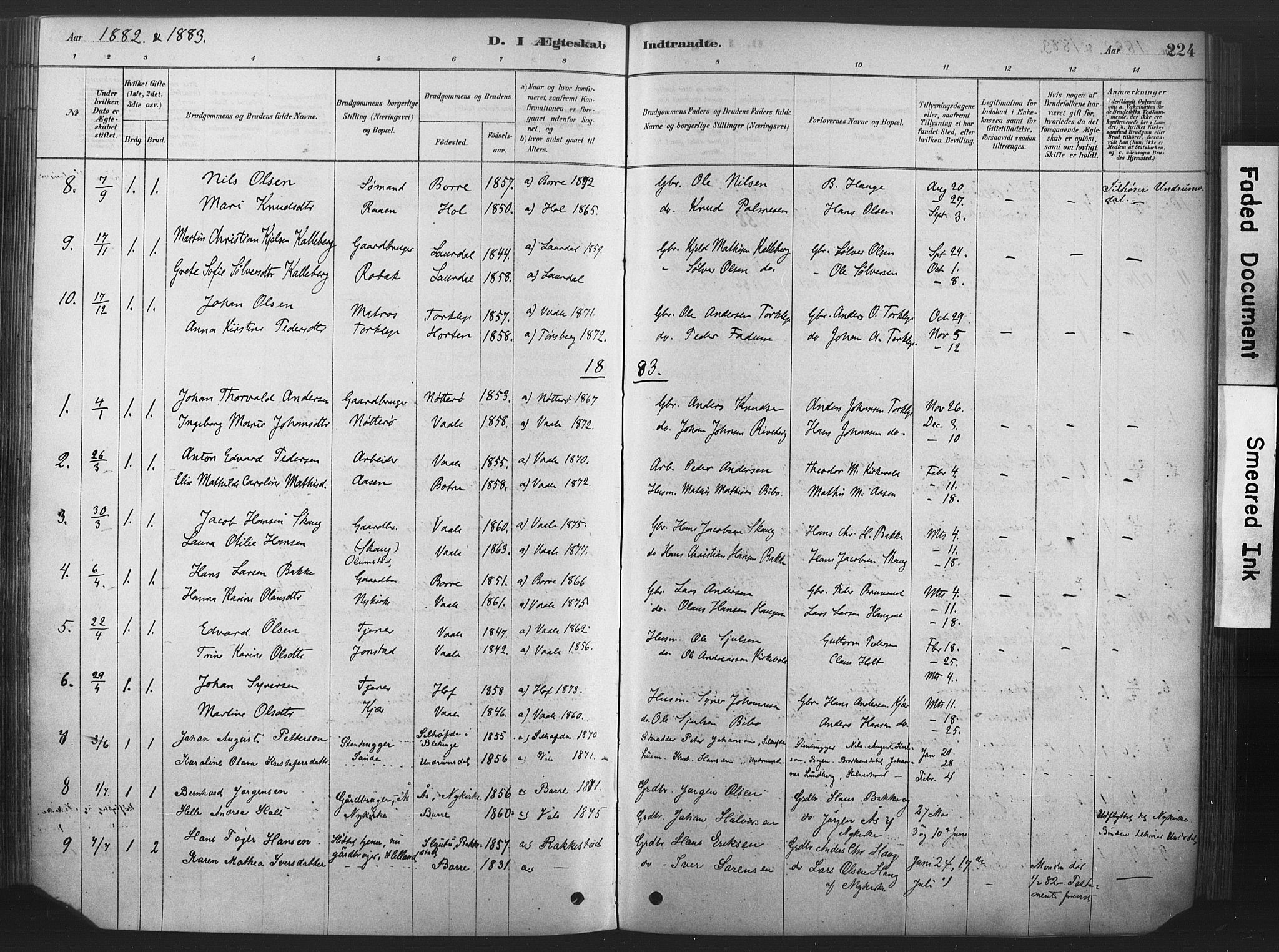 Våle kirkebøker, AV/SAKO-A-334/F/Fa/L0011: Ministerialbok nr. I 11, 1878-1906, s. 224