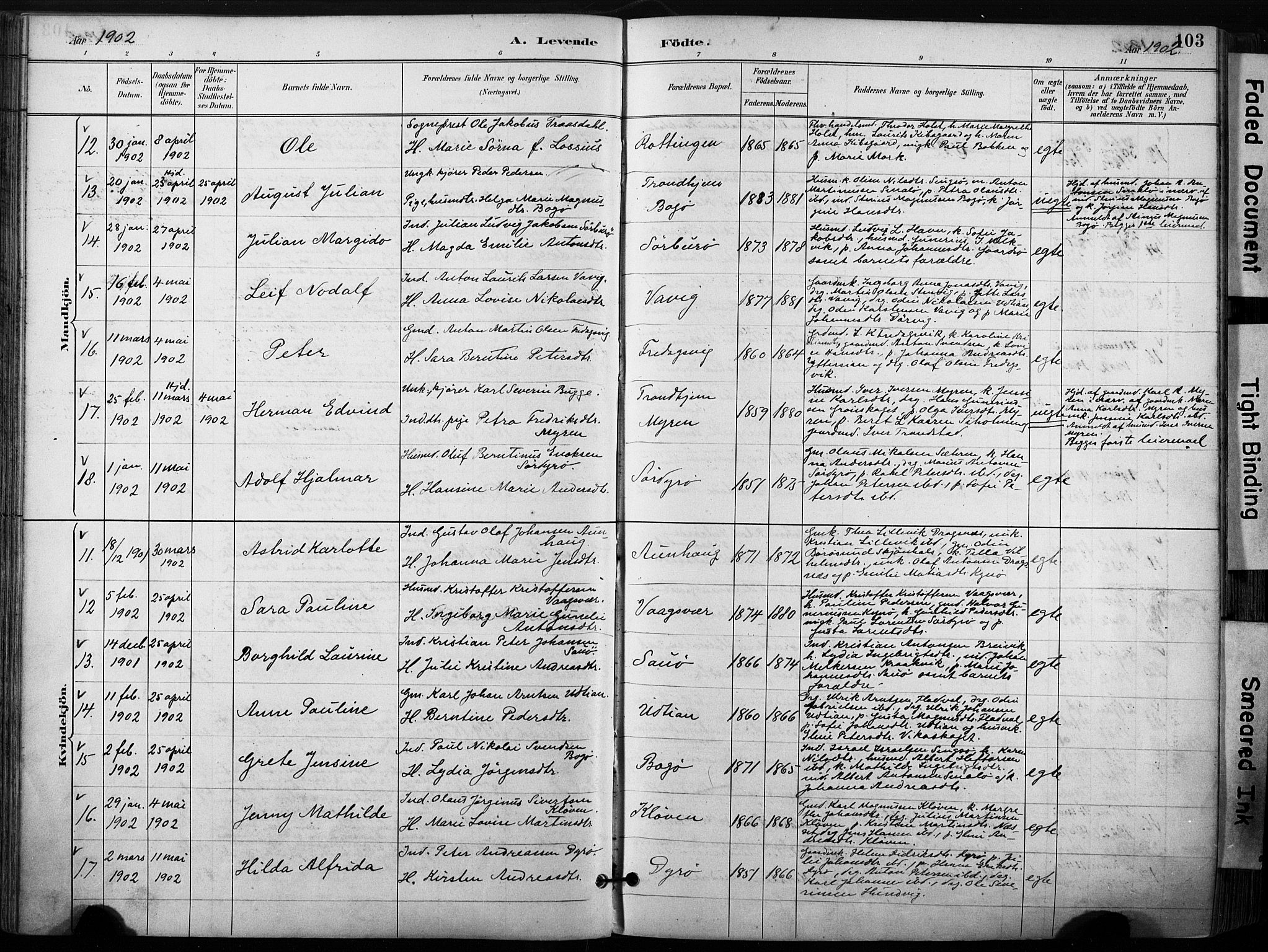 Ministerialprotokoller, klokkerbøker og fødselsregistre - Sør-Trøndelag, SAT/A-1456/640/L0579: Ministerialbok nr. 640A04, 1889-1902, s. 103