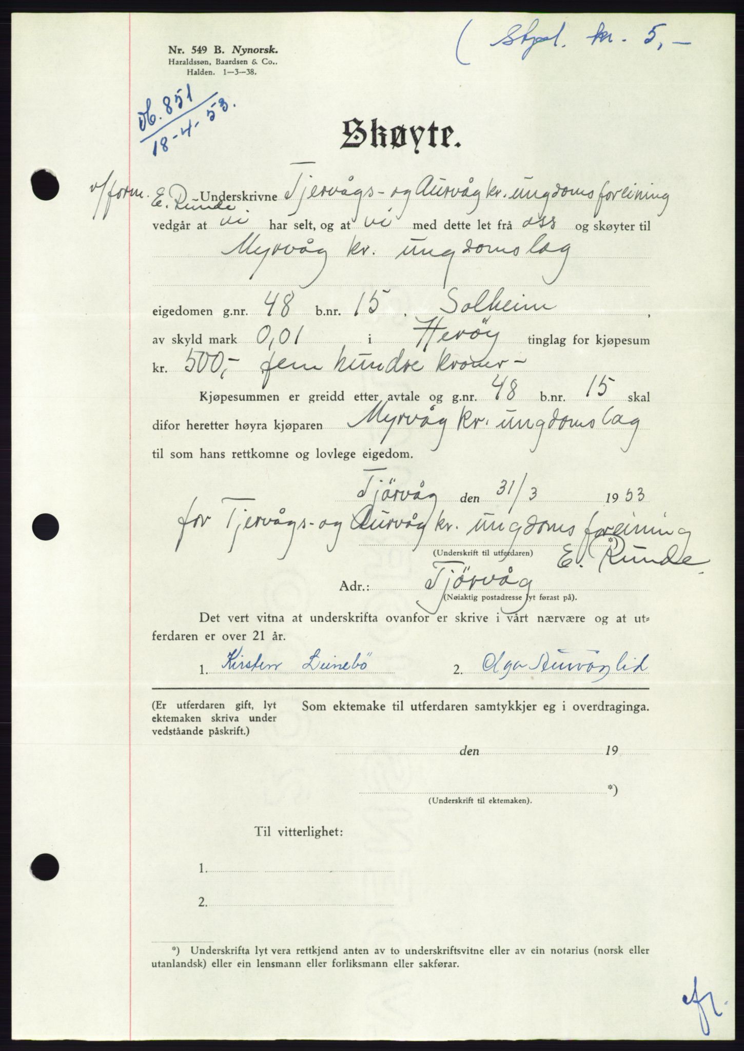 Søre Sunnmøre sorenskriveri, AV/SAT-A-4122/1/2/2C/L0094: Pantebok nr. 20A, 1953-1953, Dagboknr: 851/1953