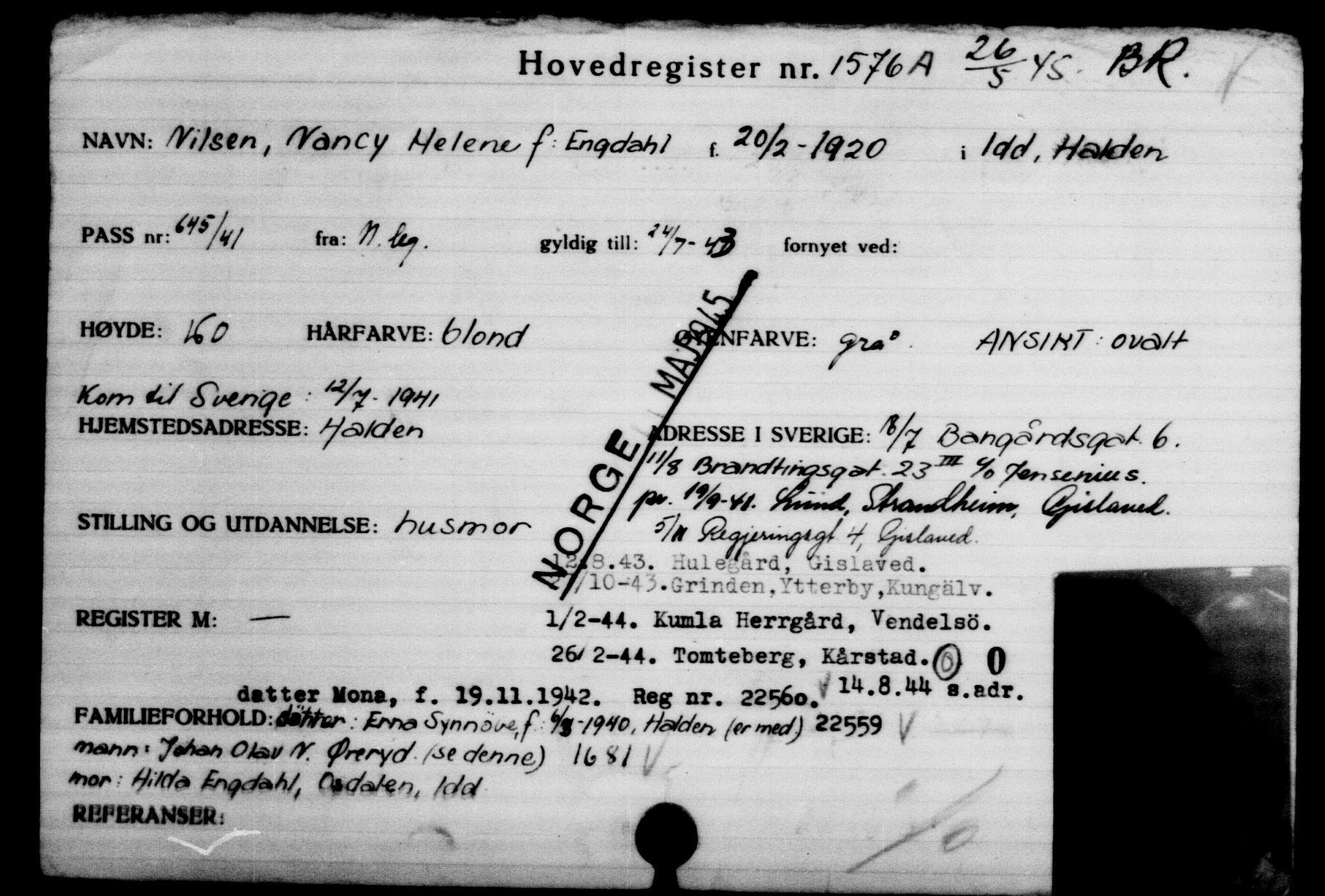 Utenriksstasjonene, Legasjonen i Stockholm, Flyktningkontoret, AV/RA-S-6753/V/Va/L0002: Kjesäterkartoteket, flyktninger med registreringsnr. 1001-2000, 1940-1945, s. 821