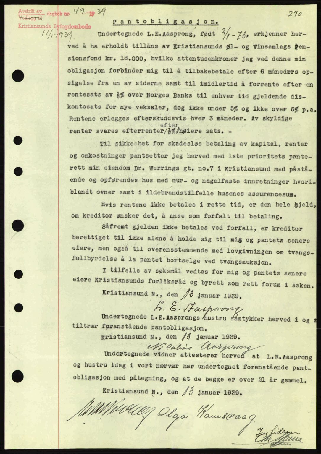 Kristiansund byfogd, AV/SAT-A-4587/A/27: Pantebok nr. 31, 1938-1939, Dagboknr: 49/1939