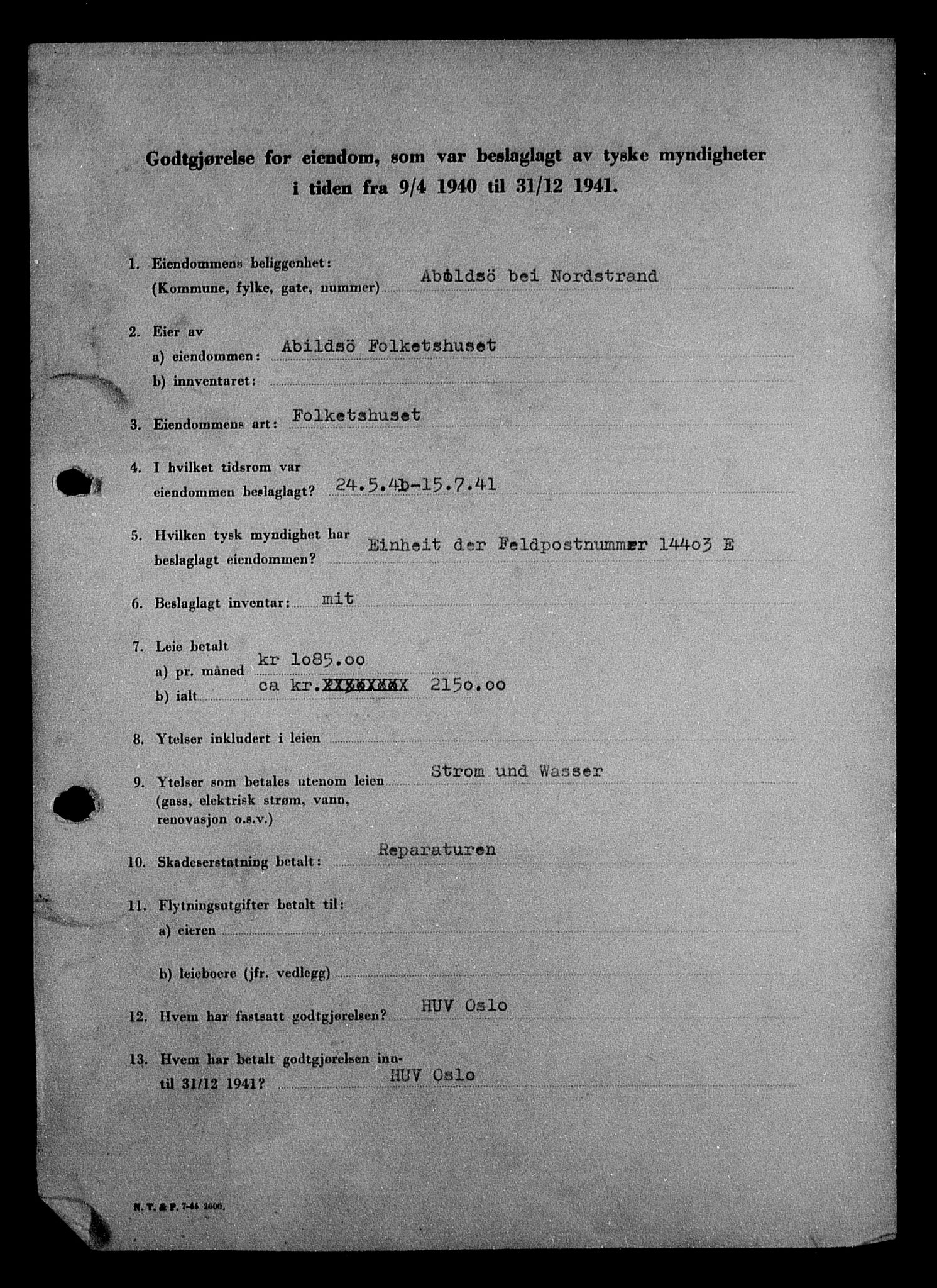 Justisdepartementet, Tilbakeføringskontoret for inndratte formuer, RA/S-1564/I/L1010: Godtgjørelse for beslaglagt eiendom, 1940-1941, s. 25