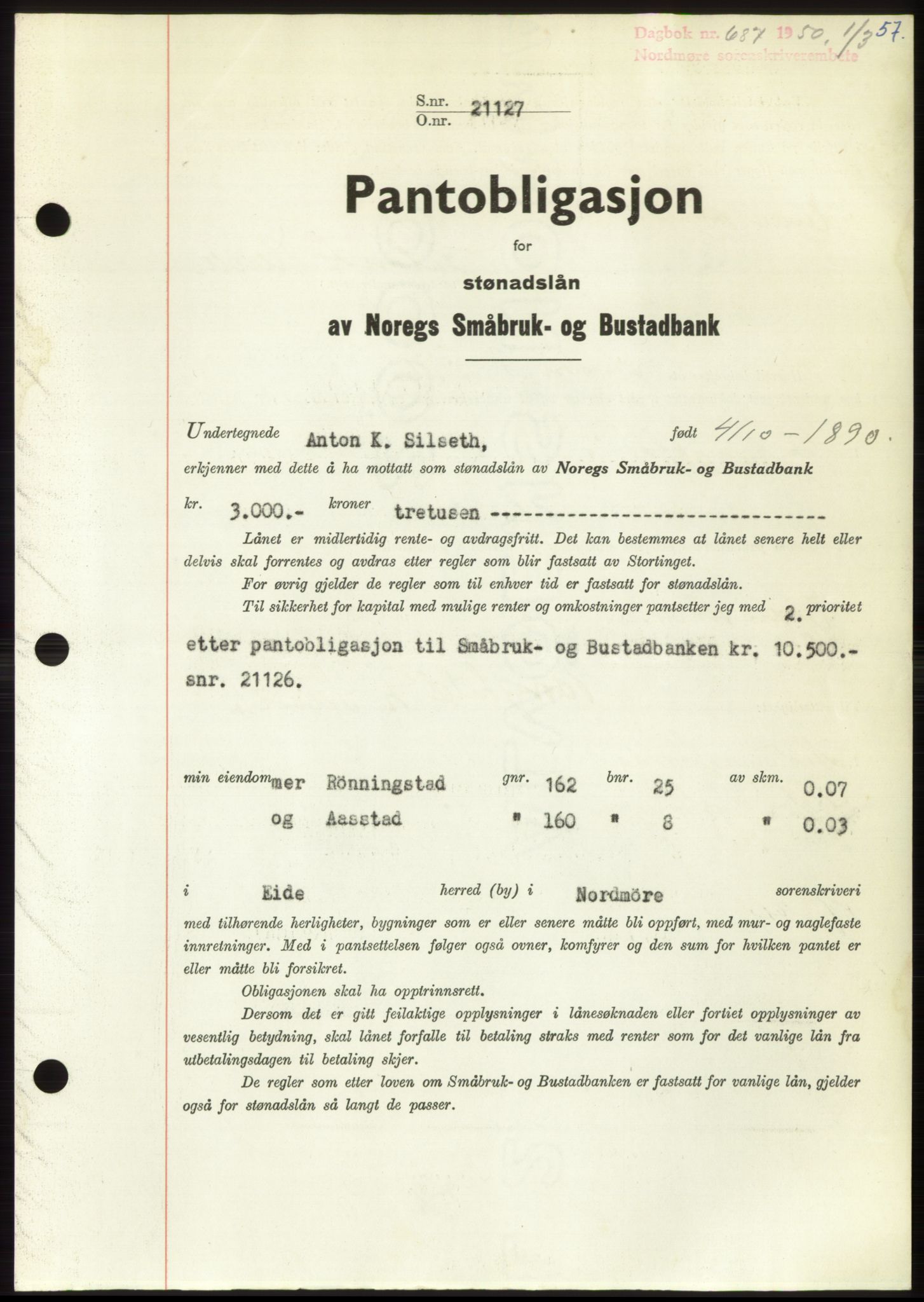 Nordmøre sorenskriveri, SAT/A-4132/1/2/2Ca: Pantebok nr. B104, 1950-1950, Dagboknr: 687/1950