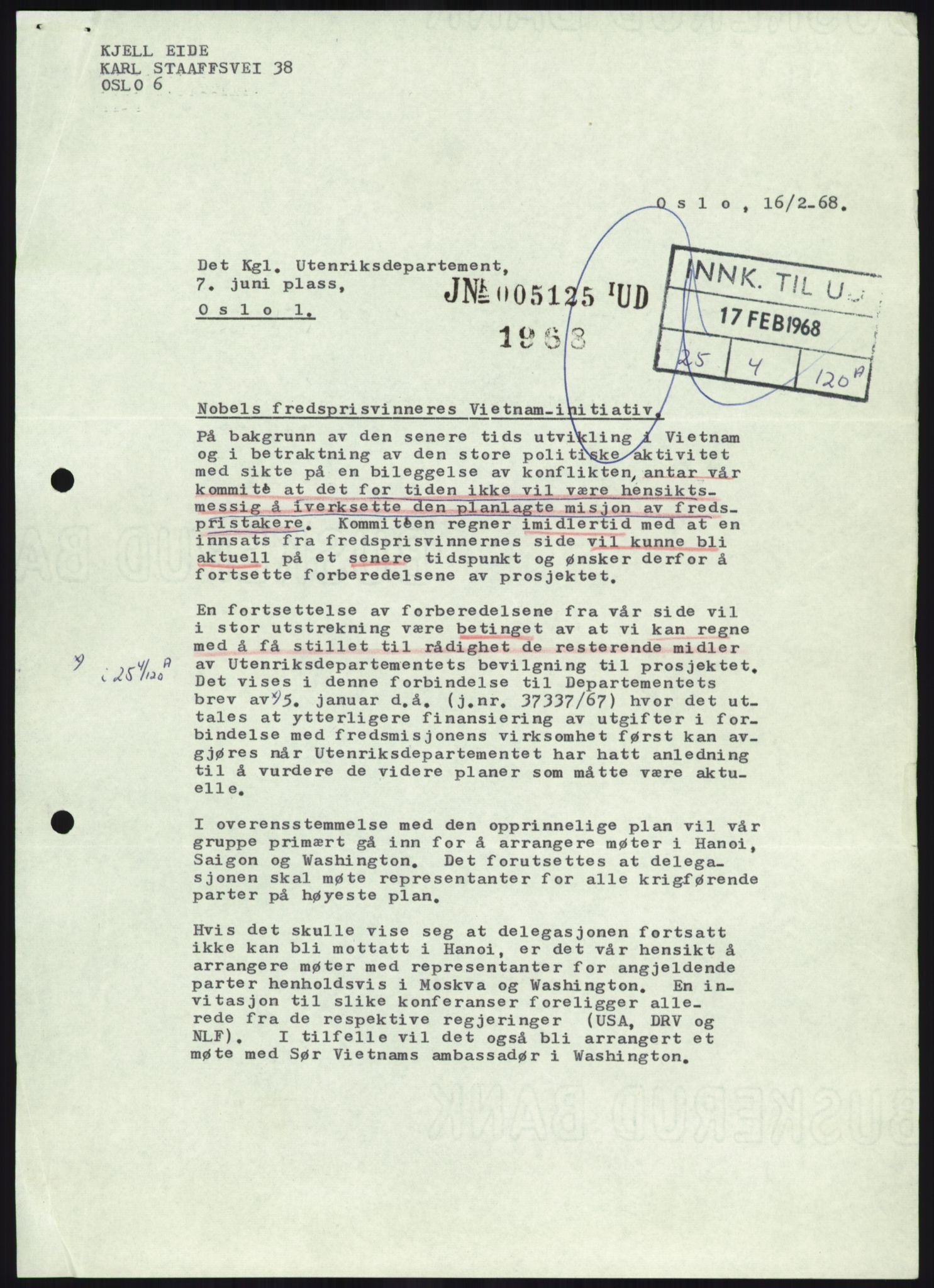 Utenriksdepartementet, hovedarkiv, AV/RA-S-6794/D/Da/Daa/L0969/0001: Verdenspolitikk. Fremmede staters politikk. Generelt / Sør-Vietnam: Nobelpristakeres fredsaksjoner (2 mapper), 1967-1969, s. 505