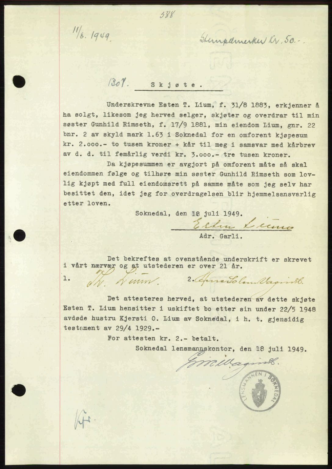 Gauldal sorenskriveri, SAT/A-0014/1/2/2C: Pantebok nr. A8, 1949-1949, Dagboknr: 1307/1949