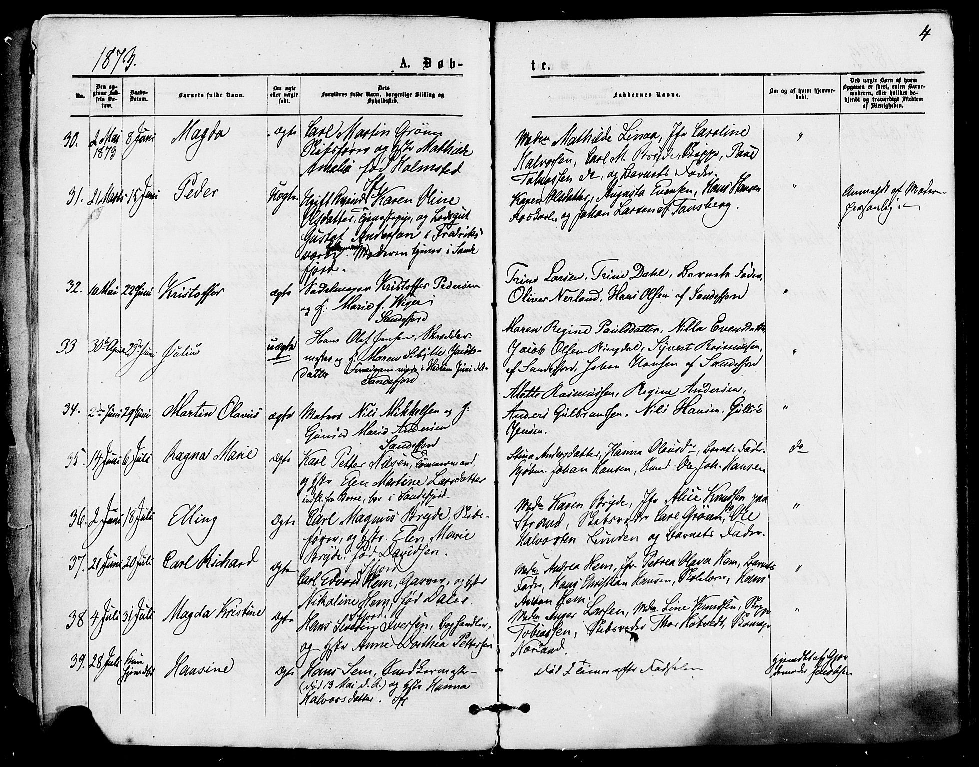 Sandefjord kirkebøker, AV/SAKO-A-315/F/Fa/L0001: Ministerialbok nr. 1, 1873-1879, s. 4