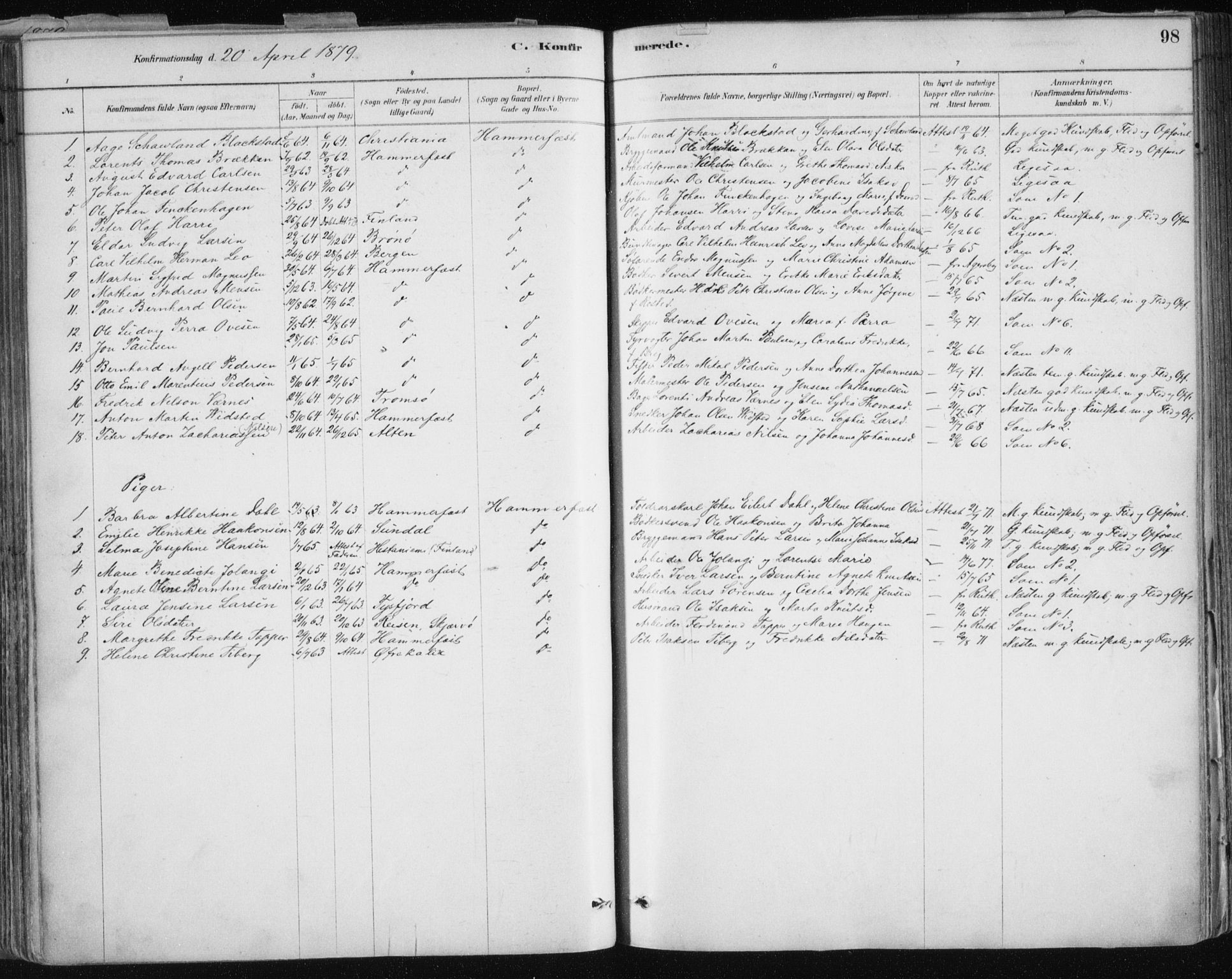 Hammerfest sokneprestkontor, AV/SATØ-S-1347/H/Ha/L0008.kirke: Ministerialbok nr. 8, 1878-1889, s. 98