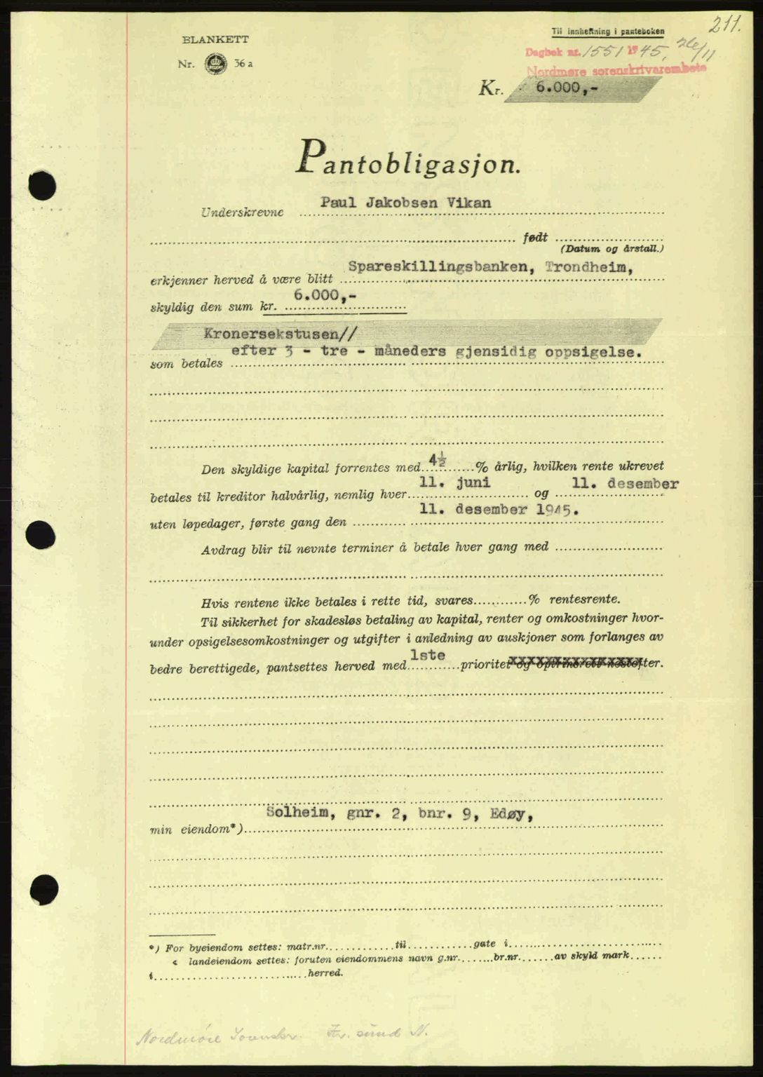 Nordmøre sorenskriveri, AV/SAT-A-4132/1/2/2Ca: Pantebok nr. B93a, 1945-1945, Dagboknr: 1551/1945