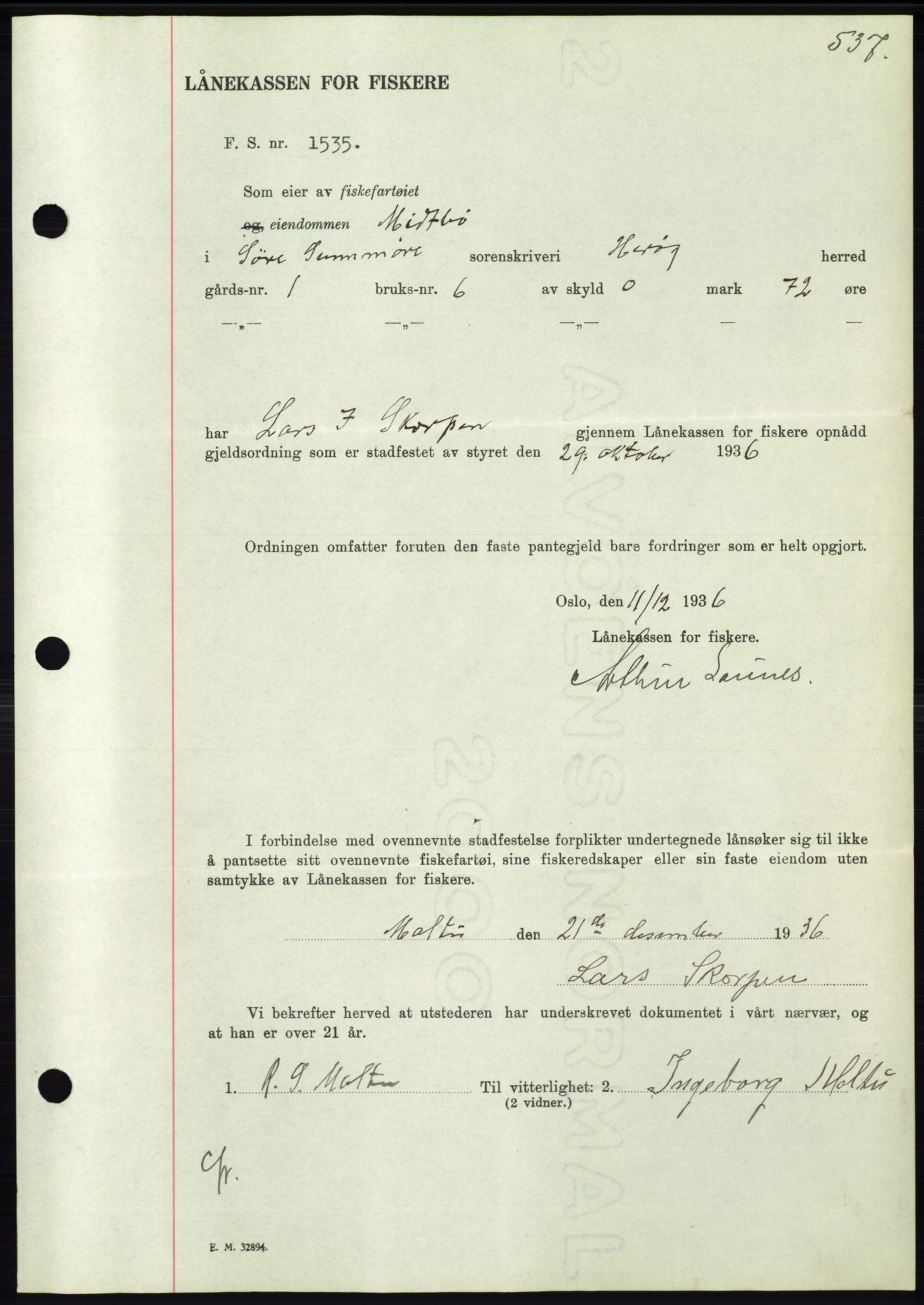 Søre Sunnmøre sorenskriveri, AV/SAT-A-4122/1/2/2C/L0062: Pantebok nr. 56, 1936-1937, Dagboknr: 478/1937