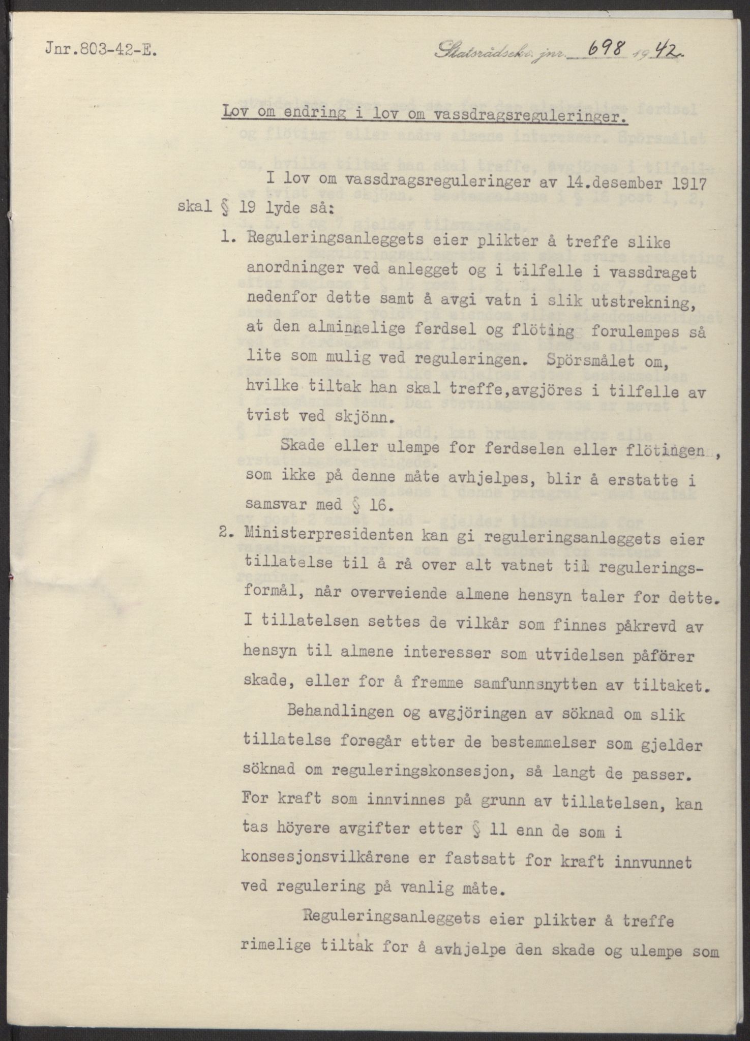 NS-administrasjonen 1940-1945 (Statsrådsekretariatet, de kommisariske statsråder mm), AV/RA-S-4279/D/Db/L0098: Lover II, 1942, s. 371