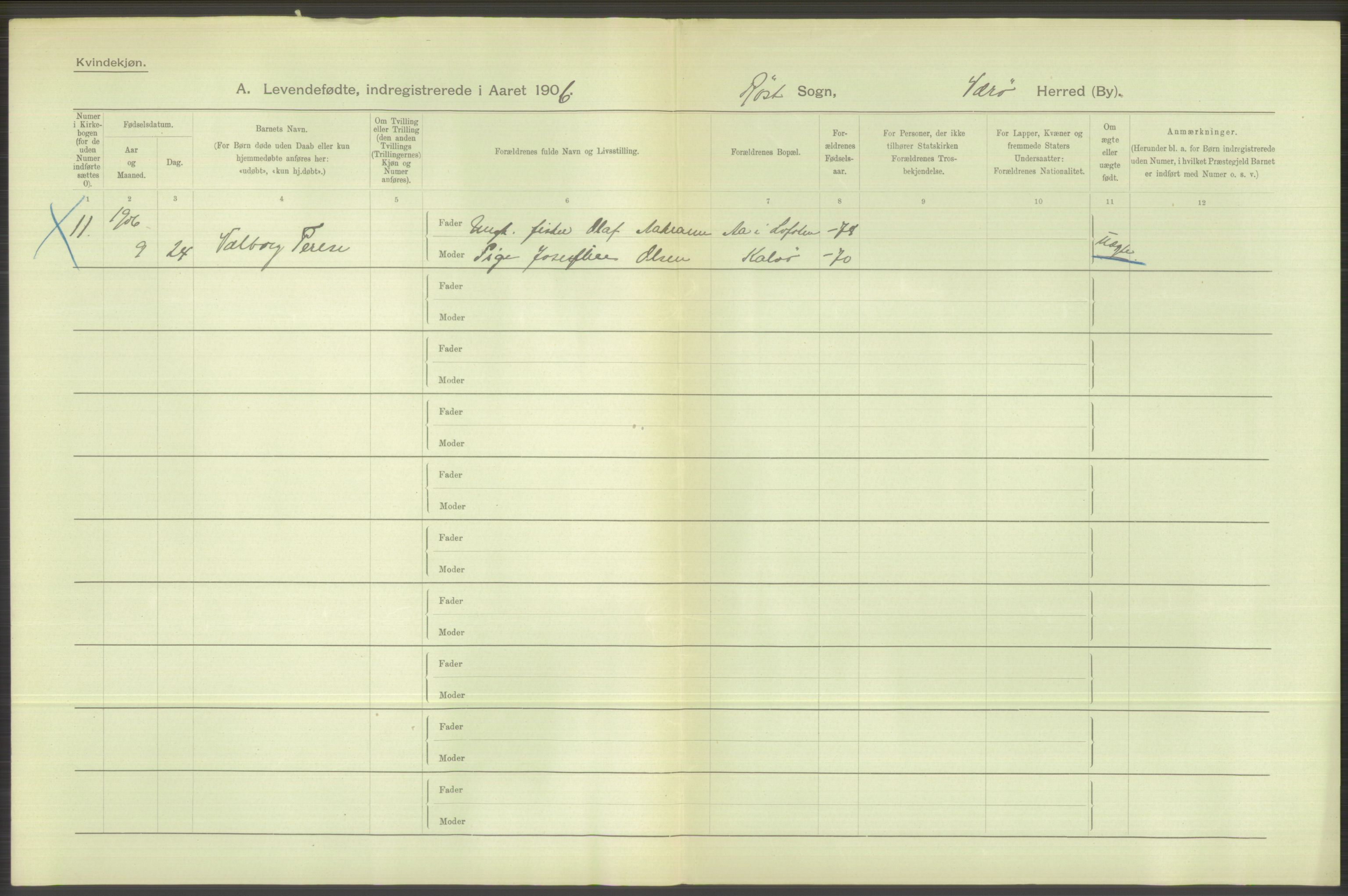 Statistisk sentralbyrå, Sosiodemografiske emner, Befolkning, AV/RA-S-2228/D/Df/Dfa/Dfad/L0044: Nordlands amt: Levendefødte menn og kvinner. Bygder., 1906, s. 68