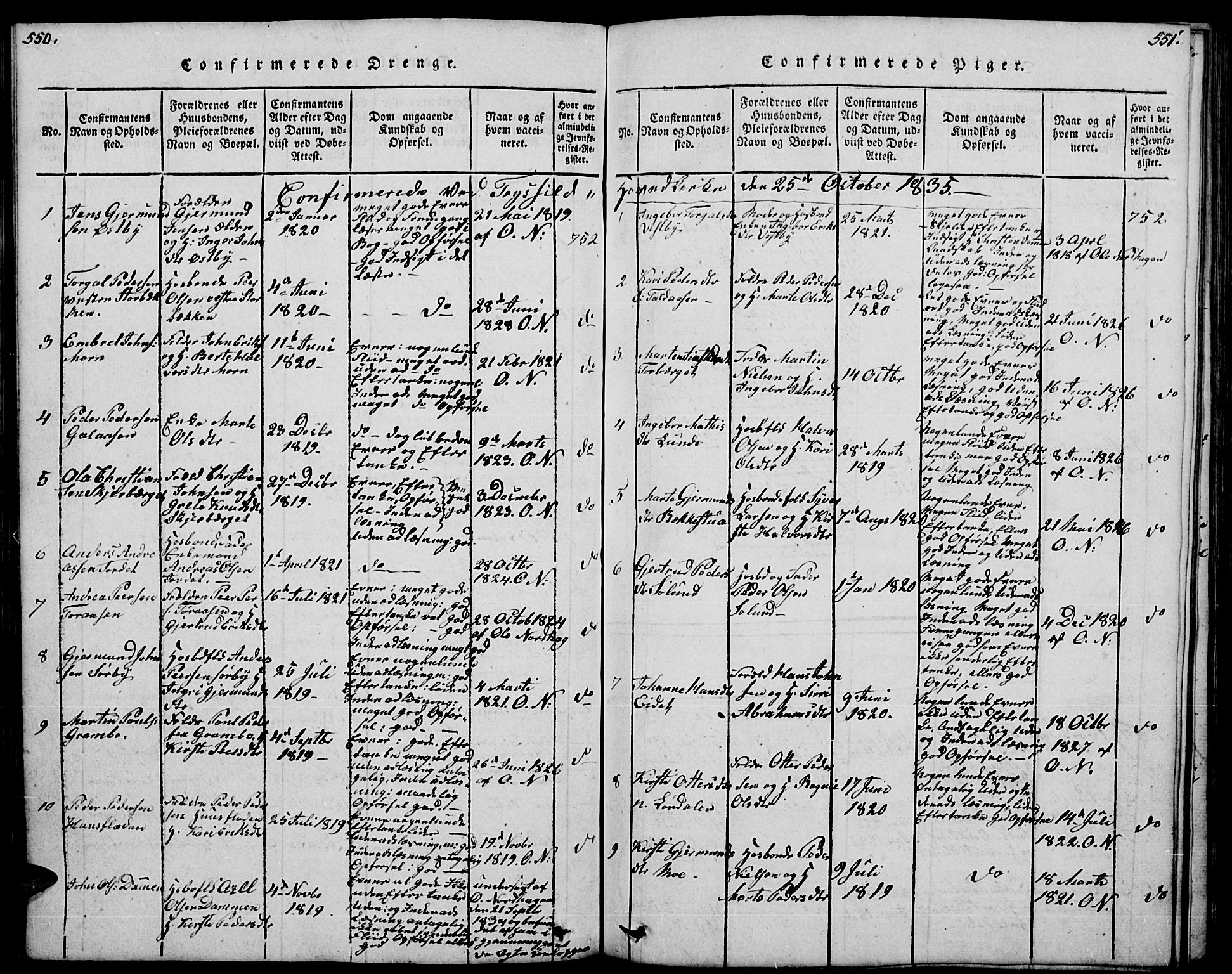 Trysil prestekontor, AV/SAH-PREST-046/H/Ha/Hab/L0004: Klokkerbok nr. 4, 1814-1841, s. 550-551