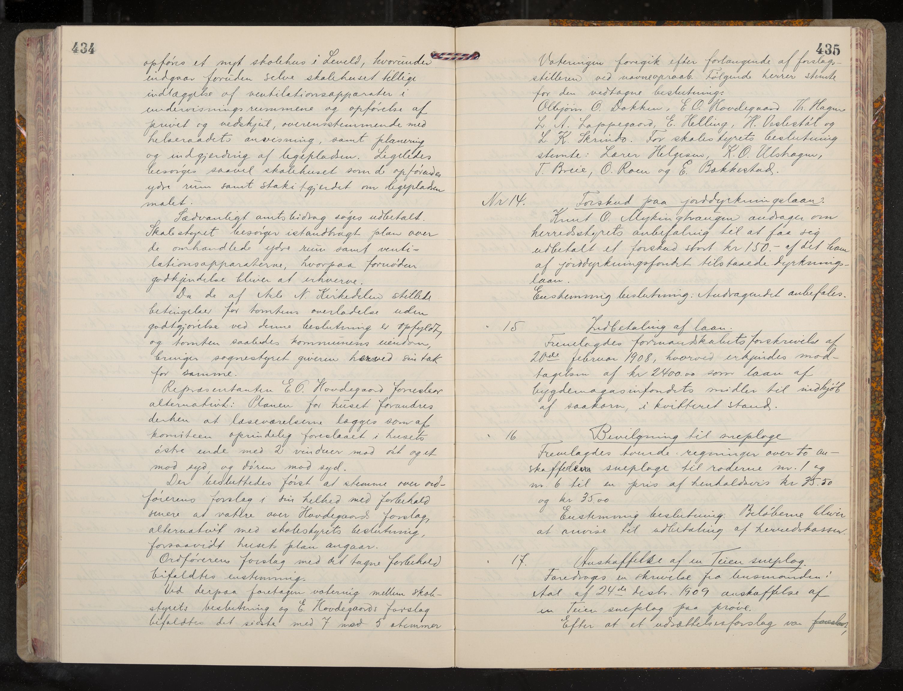 Ål formannskap og sentraladministrasjon, IKAK/0619021/A/Aa/L0005: Utskrift av møtebok, 1902-1910, s. 434-435