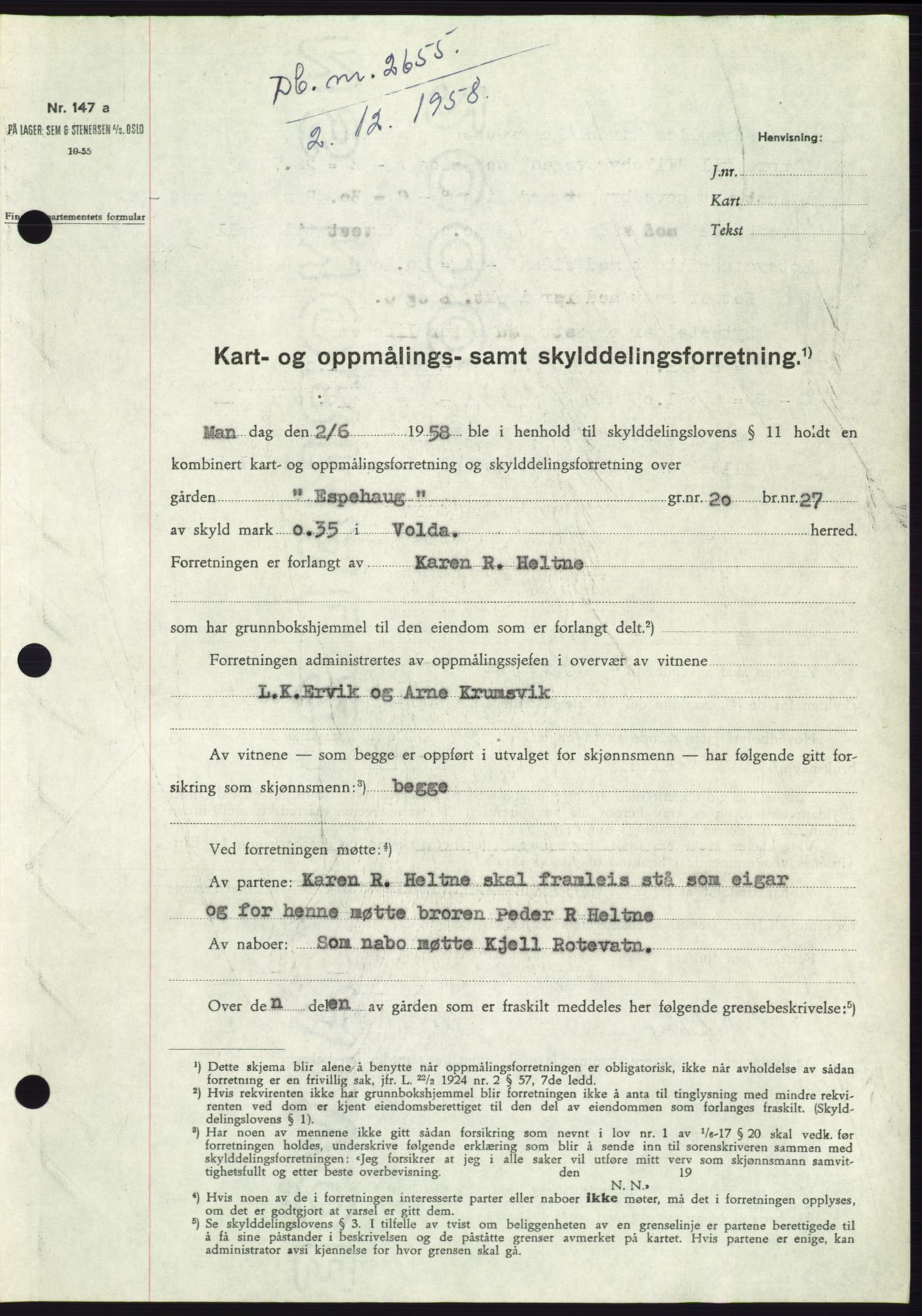 Søre Sunnmøre sorenskriveri, SAT/A-4122/1/2/2C/L0111: Pantebok nr. 37A, 1958-1959, Dagboknr: 2655/1958
