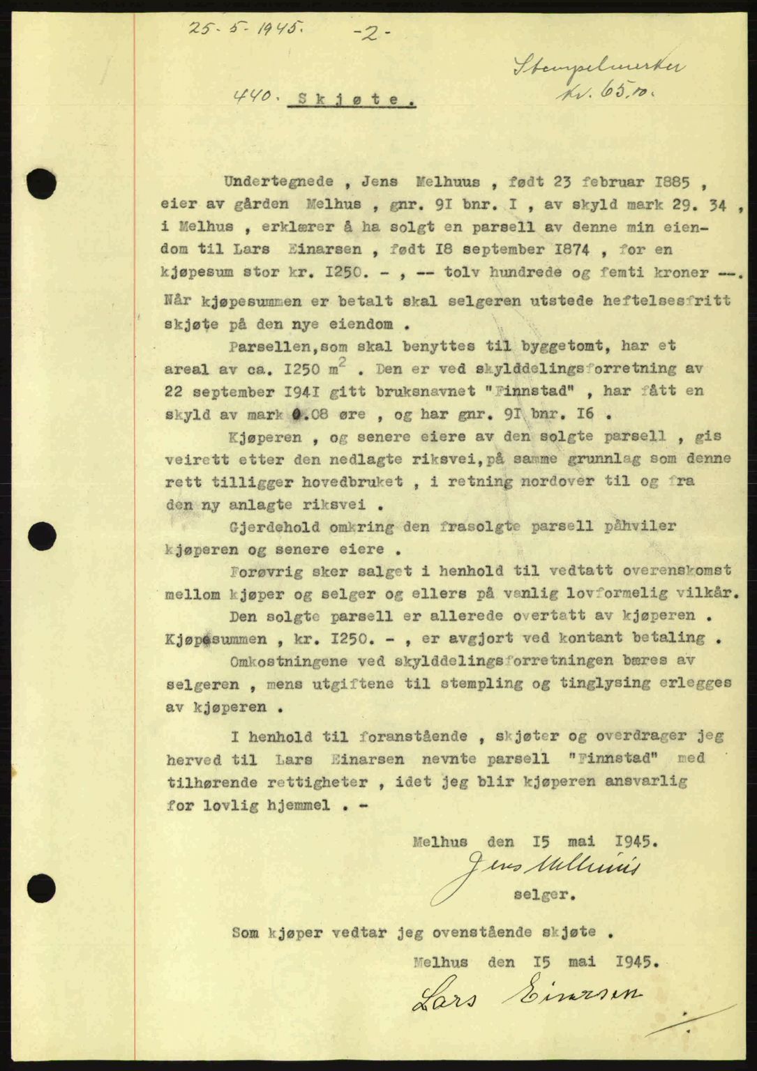 Gauldal sorenskriveri, SAT/A-0014/1/2/2C: Pantebok nr. A1a, 1945-1945, Dagboknr: 440/1945