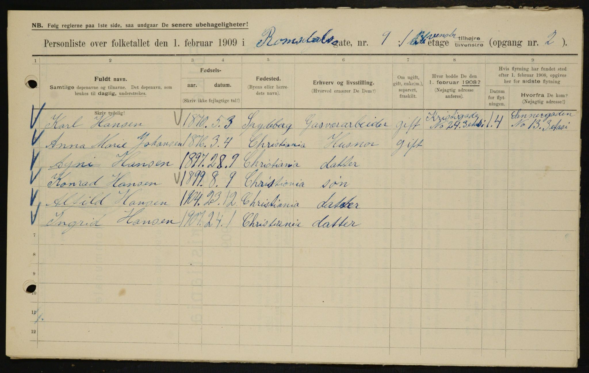 OBA, Kommunal folketelling 1.2.1909 for Kristiania kjøpstad, 1909, s. 75551