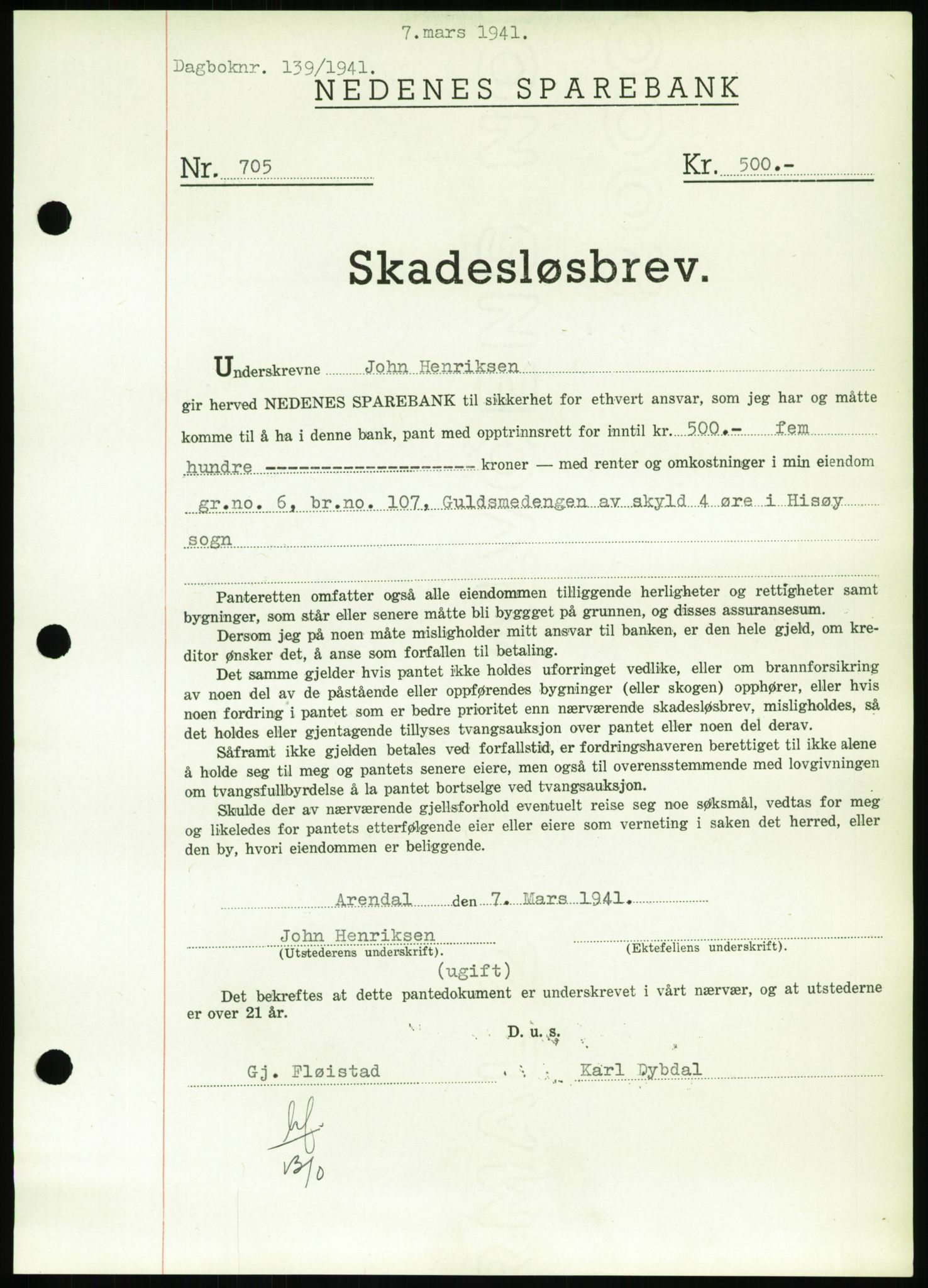 Nedenes sorenskriveri, SAK/1221-0006/G/Gb/Gbb/L0001: Pantebok nr. I, 1939-1942, Dagboknr: 139/1941