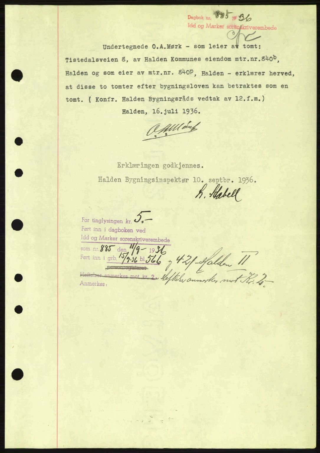 Idd og Marker sorenskriveri, AV/SAO-A-10283/G/Gb/Gbc/L0001: Pantebok nr. B1-3, 1936-1939, Dagboknr: 885/1936