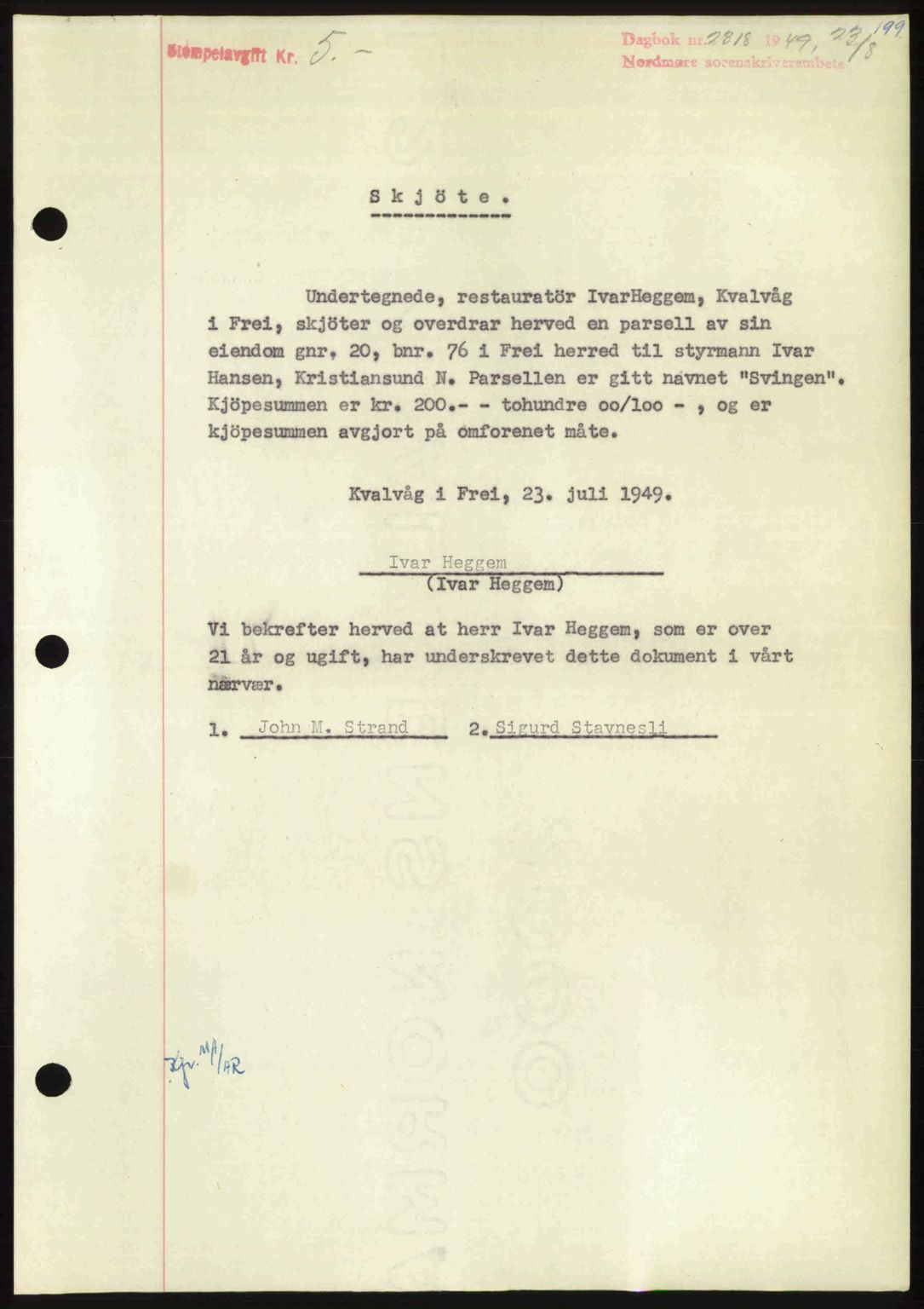 Nordmøre sorenskriveri, SAT/A-4132/1/2/2Ca: Pantebok nr. A112, 1949-1949, Dagboknr: 2318/1949