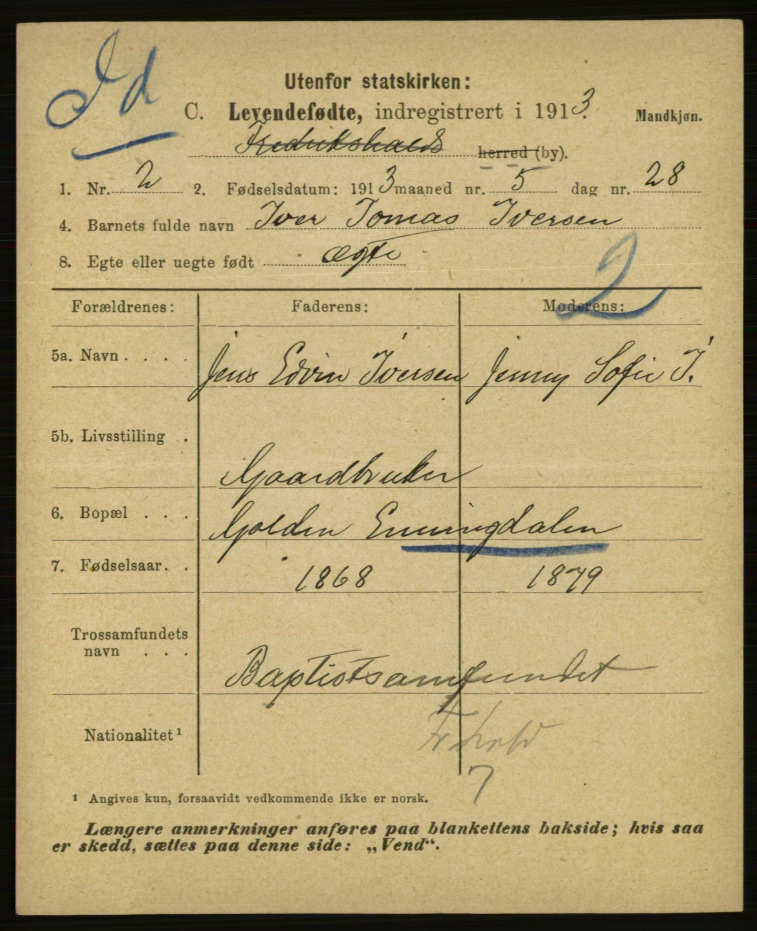 Statistisk sentralbyrå, Sosiodemografiske emner, Befolkning, AV/RA-S-2228/E/L0011: Fødte, gifte, døde dissentere., 1913, s. 9