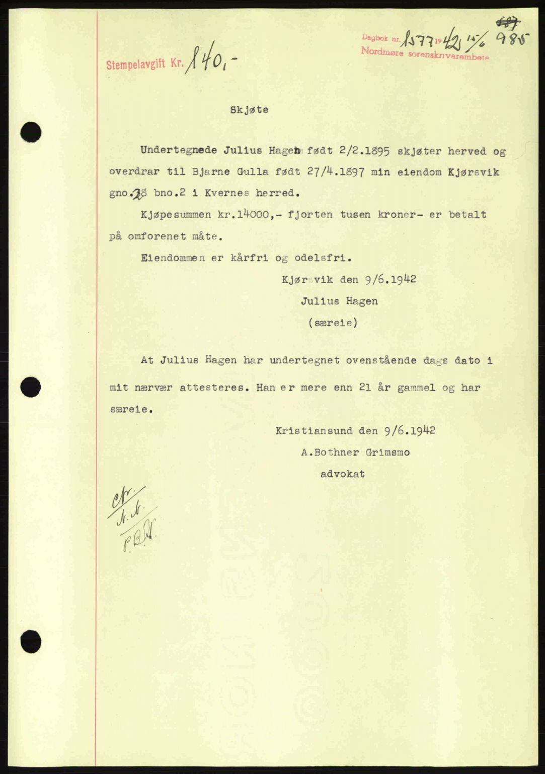 Nordmøre sorenskriveri, SAT/A-4132/1/2/2Ca: Pantebok nr. A92, 1942-1942, Dagboknr: 1577/1942