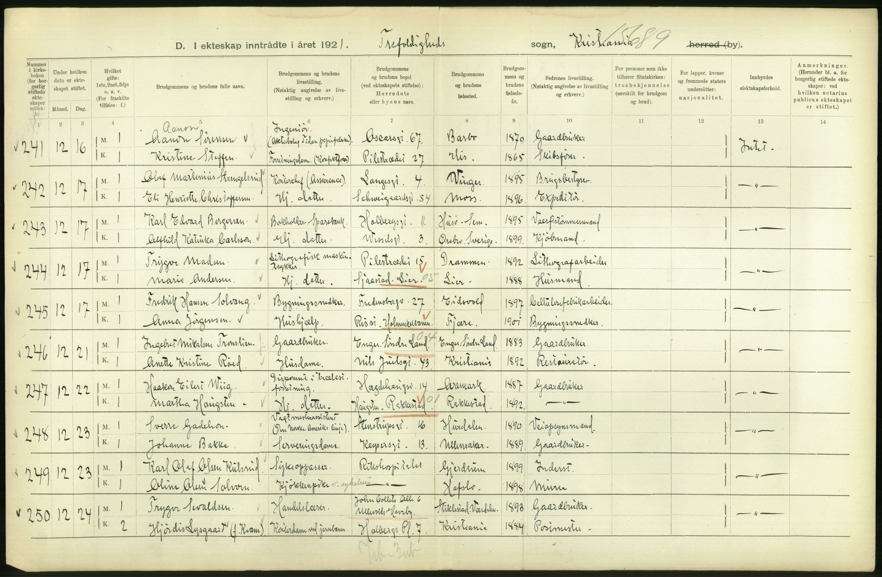 Statistisk sentralbyrå, Sosiodemografiske emner, Befolkning, AV/RA-S-2228/D/Df/Dfc/Dfca/L0011: Kristiania: Gifte, 1921, s. 60