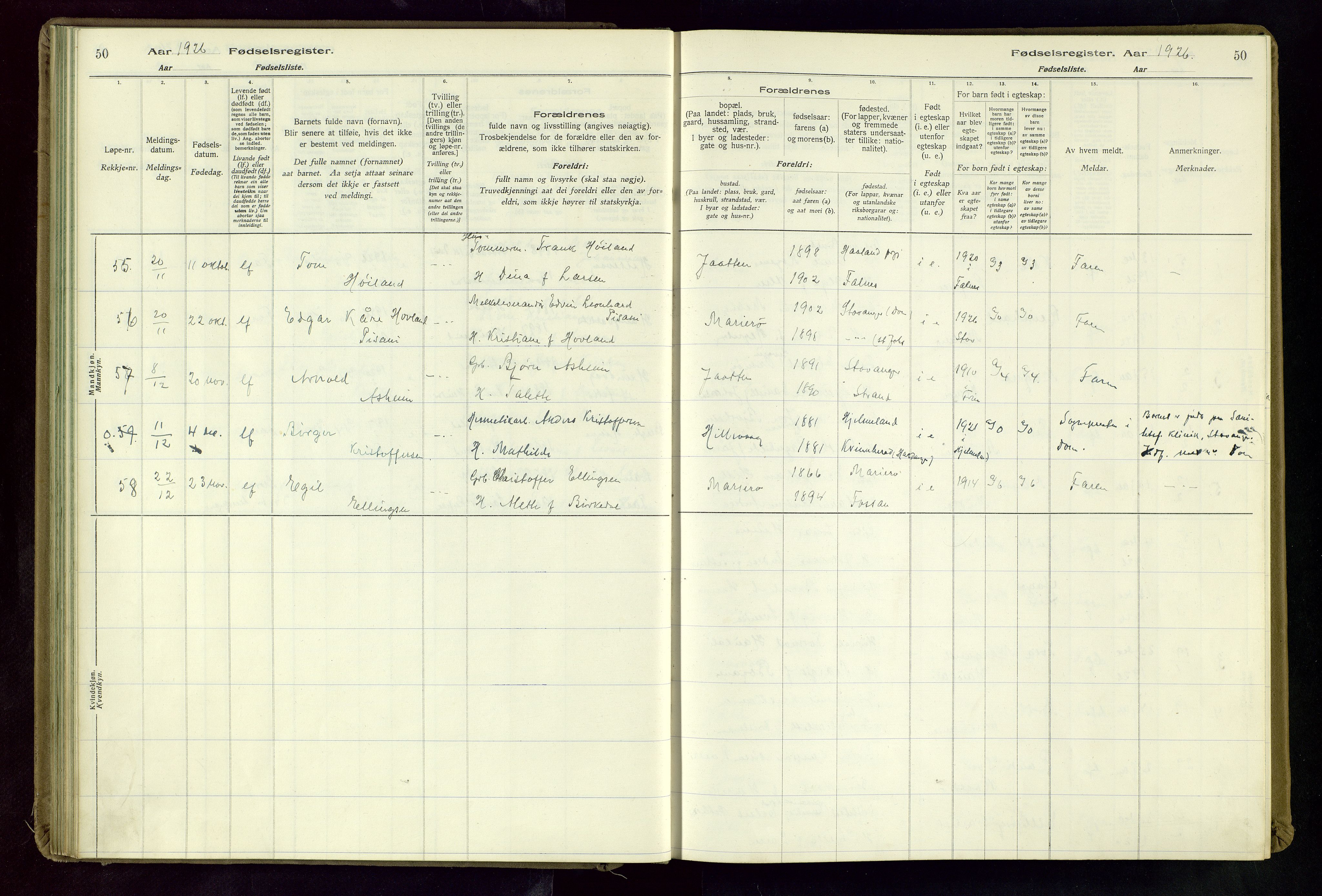 Hetland sokneprestkontor, SAST/A-101826/70/704BA/L0004: Fødselsregister nr. 4, 1923-1937, s. 50