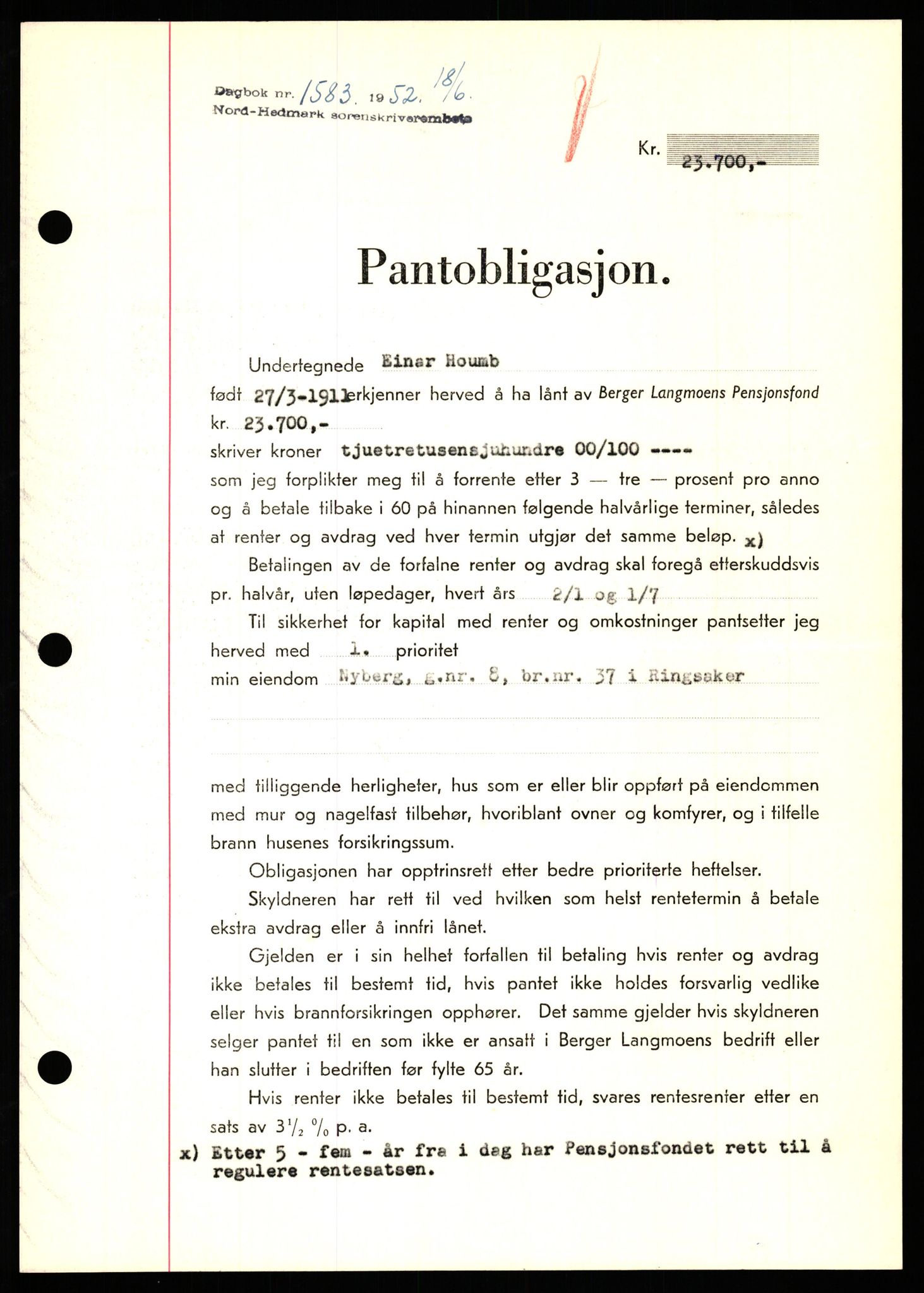 Nord-Hedmark sorenskriveri, SAH/TING-012/H/Hb/Hbf/L0025: Pantebok nr. B25, 1952-1952, Dagboknr: 1583/1952