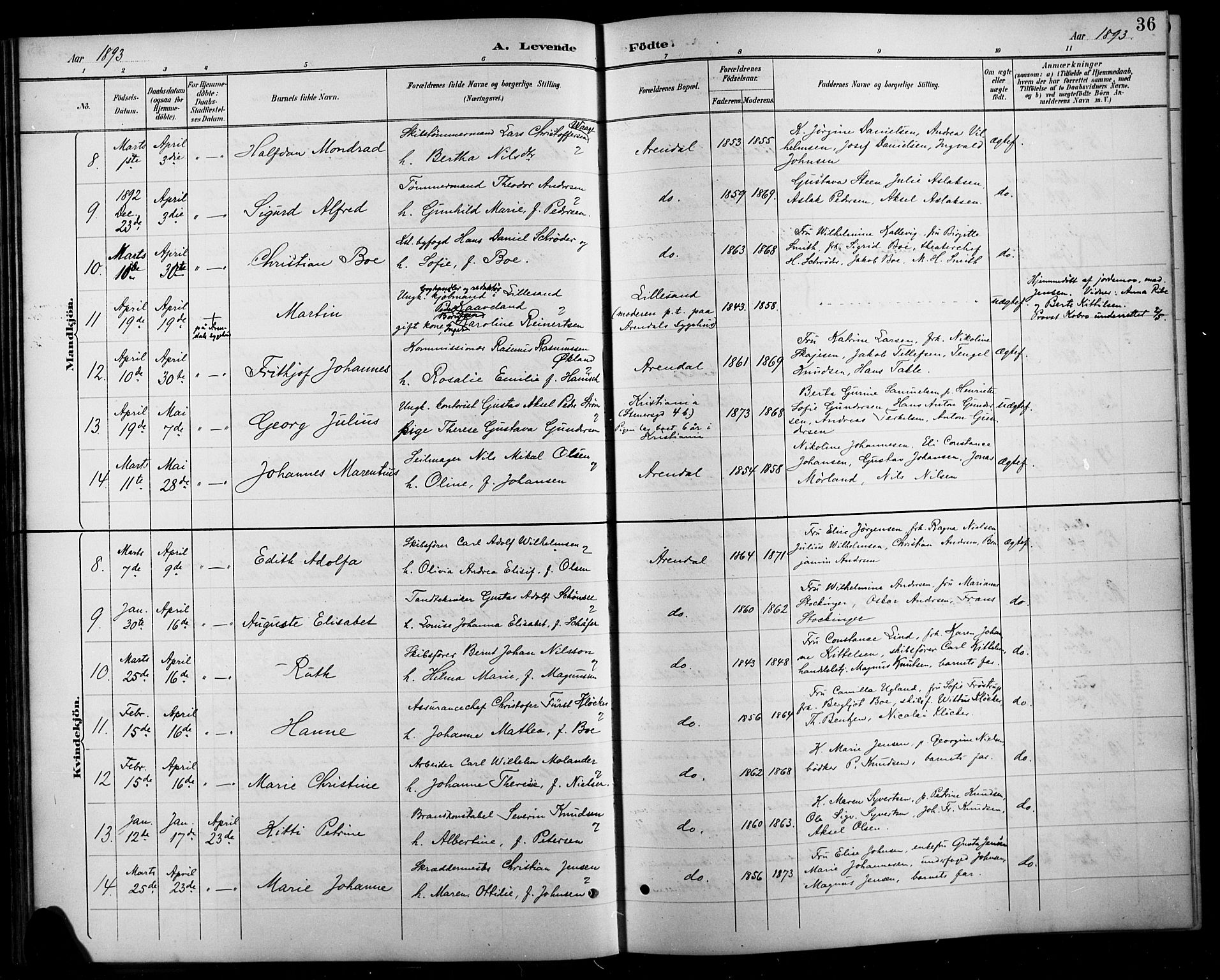 Arendal sokneprestkontor, Trefoldighet, AV/SAK-1111-0040/F/Fb/L0006: Klokkerbok nr. B 6, 1889-1916, s. 36