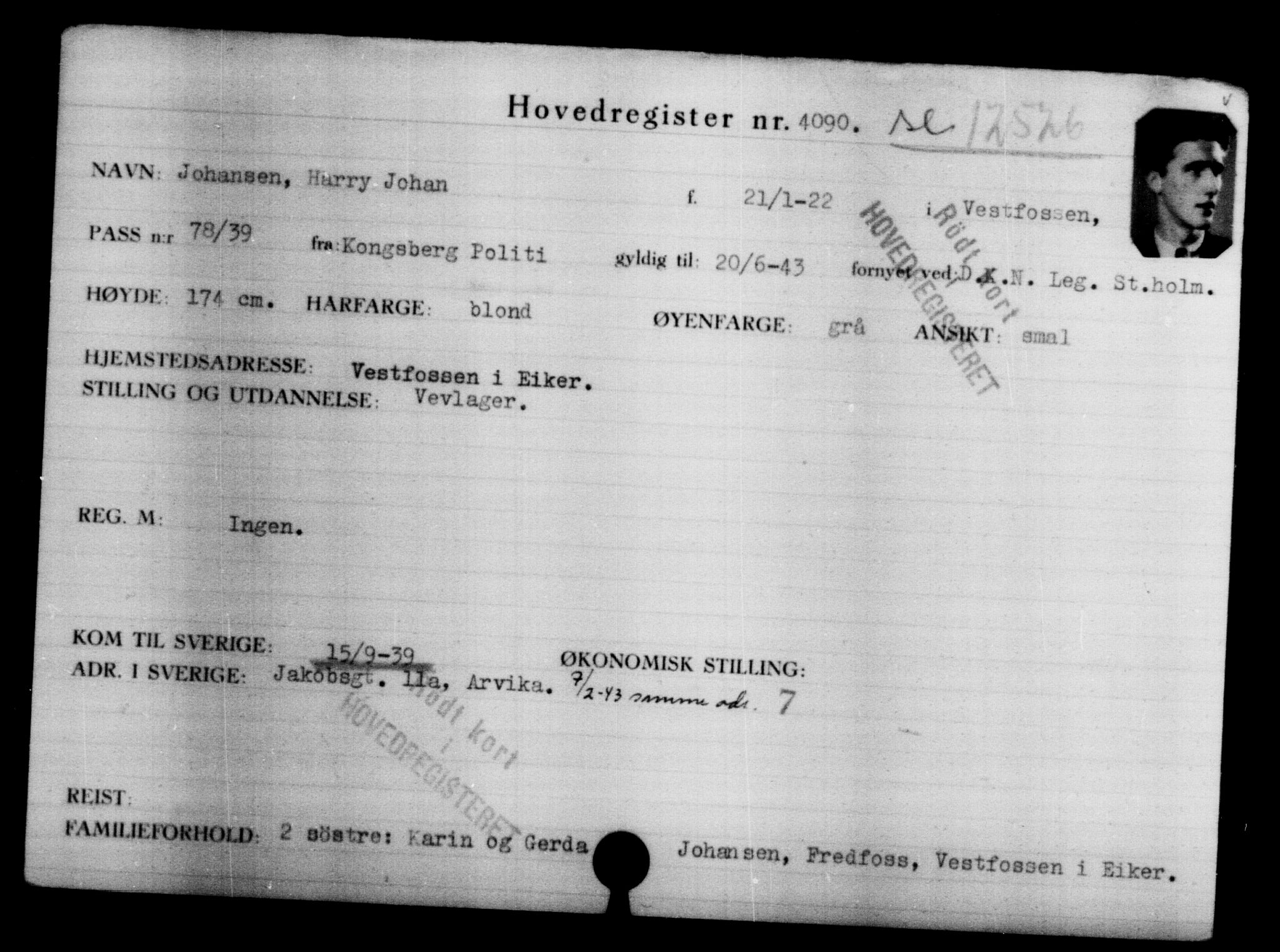 Utenriksstasjonene, Legasjonen i Stockholm, Flyktningkontoret, AV/RA-S-6753/V/Va/L0004: Kjesäterkartoteket, flyktninger med registreringsnr. 3496-6610, 1940-1945, s. 703