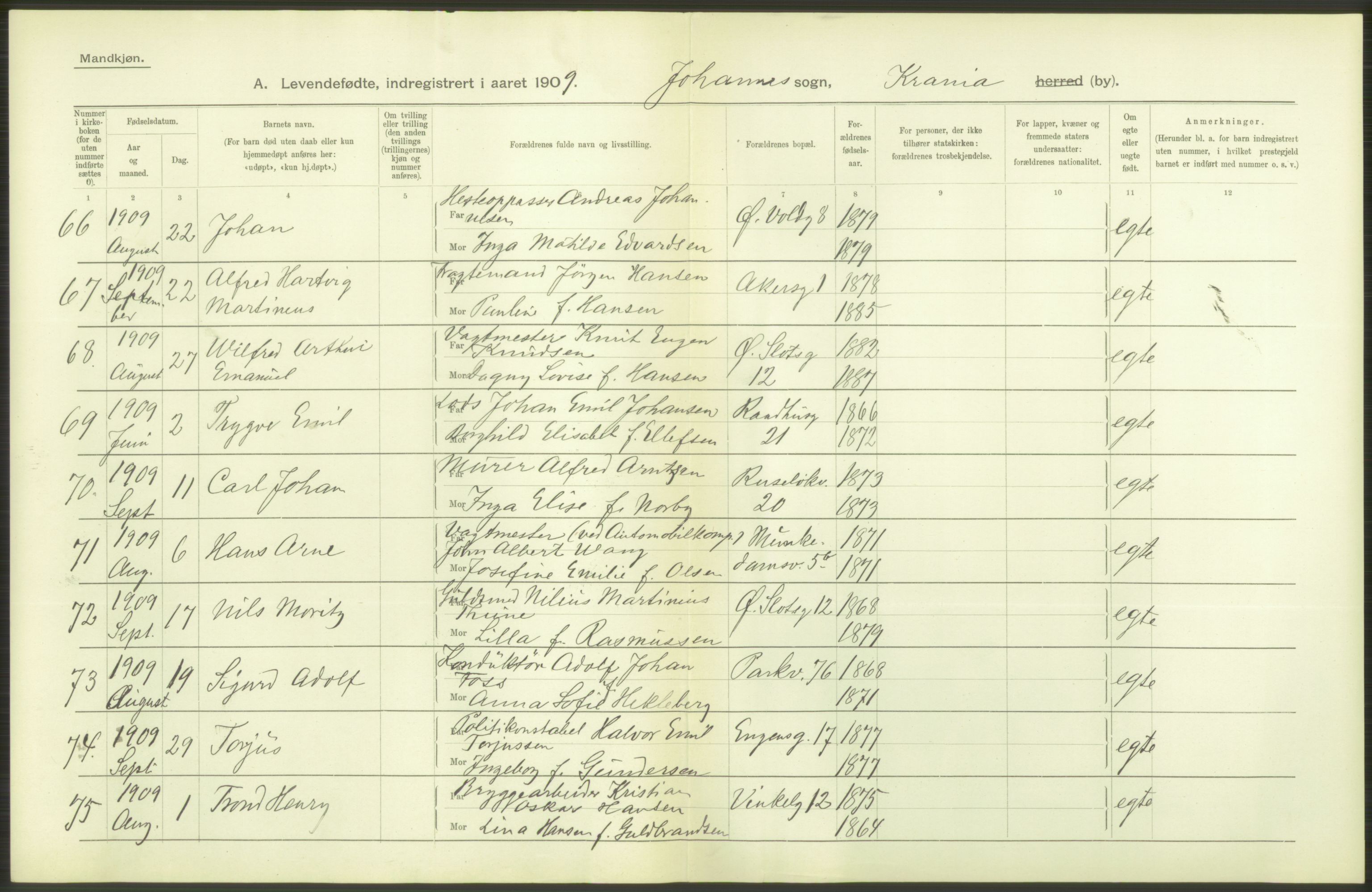 Statistisk sentralbyrå, Sosiodemografiske emner, Befolkning, RA/S-2228/D/Df/Dfa/Dfag/L0007: Kristiania: Levendefødte menn og kvinner., 1909, s. 6