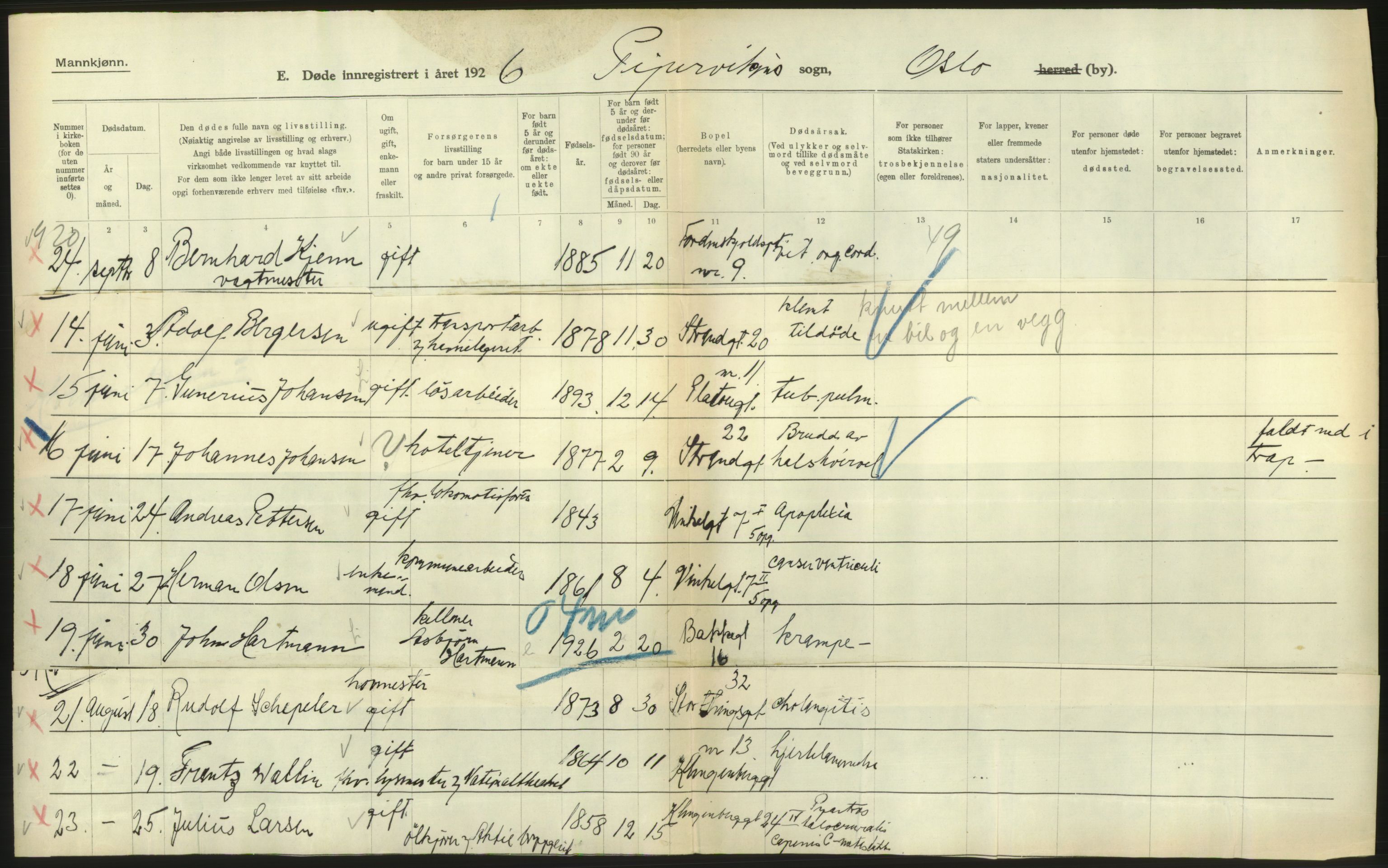 Statistisk sentralbyrå, Sosiodemografiske emner, Befolkning, RA/S-2228/D/Df/Dfc/Dfcf/L0009: Oslo: Døde menn, 1926, s. 482