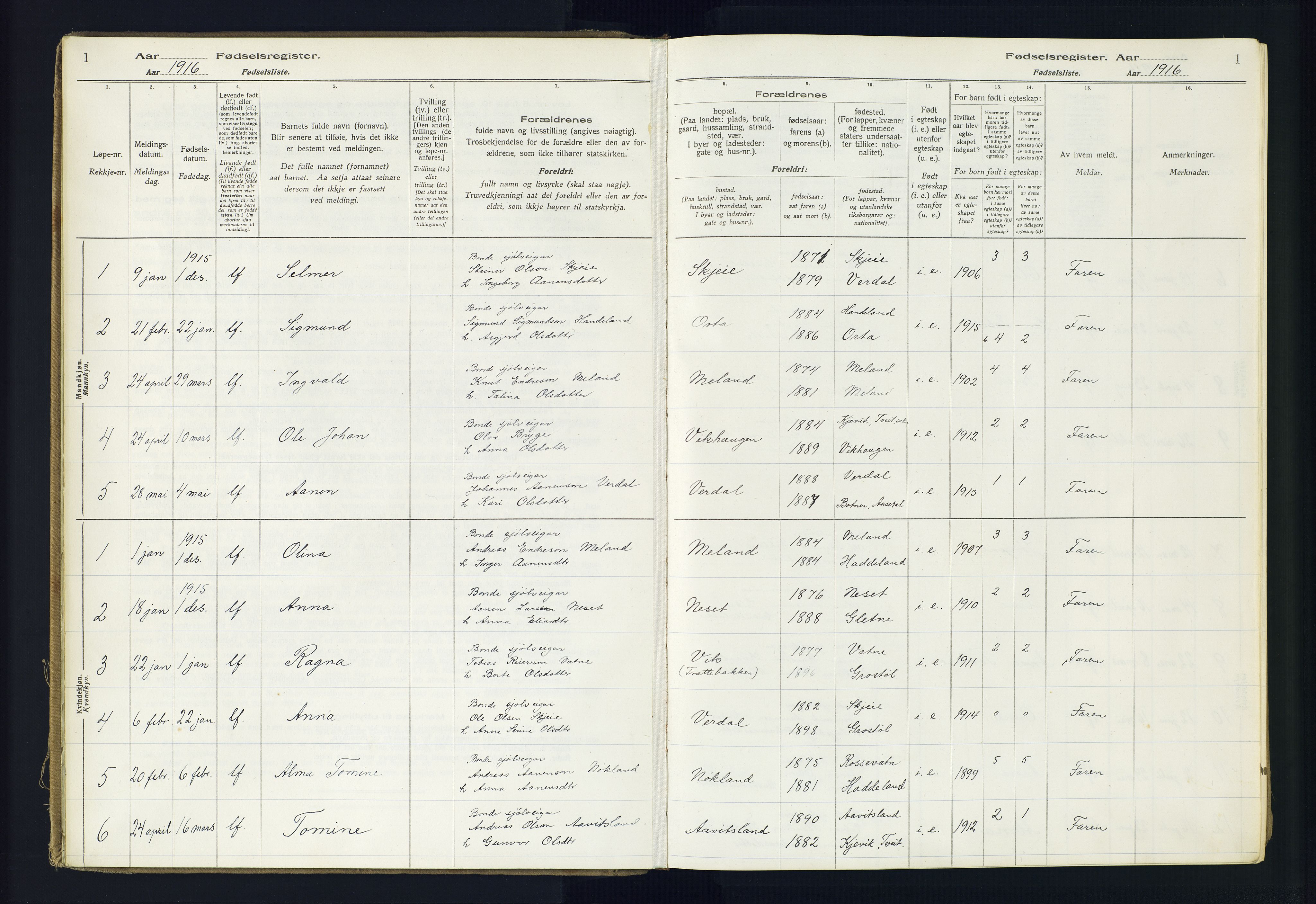 Hægebostad sokneprestkontor, SAK/1111-0024/J/Ja/L0002: Fødselsregister nr. II.6.8, 1916-1982, s. 1