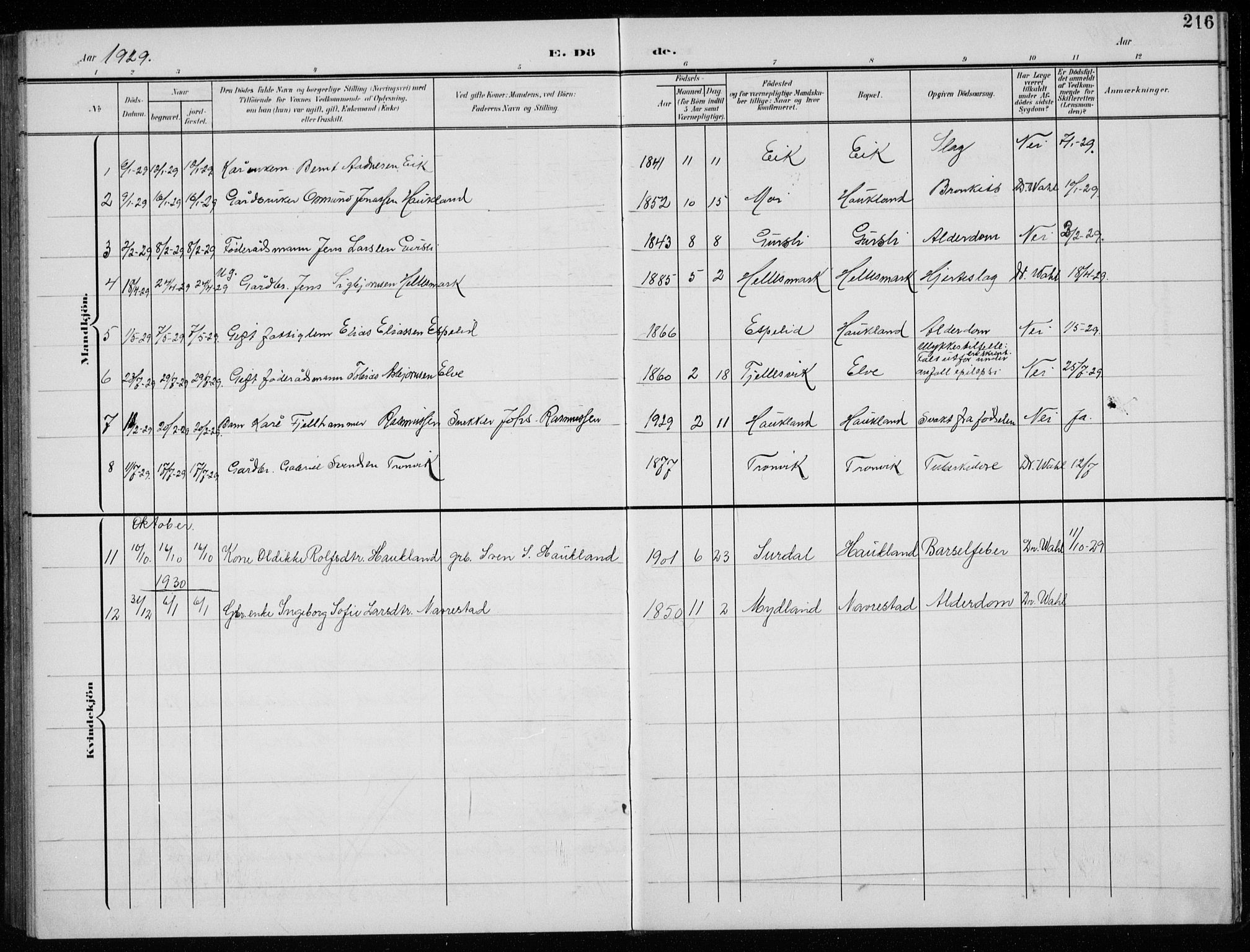 Lund sokneprestkontor, SAST/A-101809/S07/L0008: Klokkerbok nr. B 8, 1902-1936, s. 216