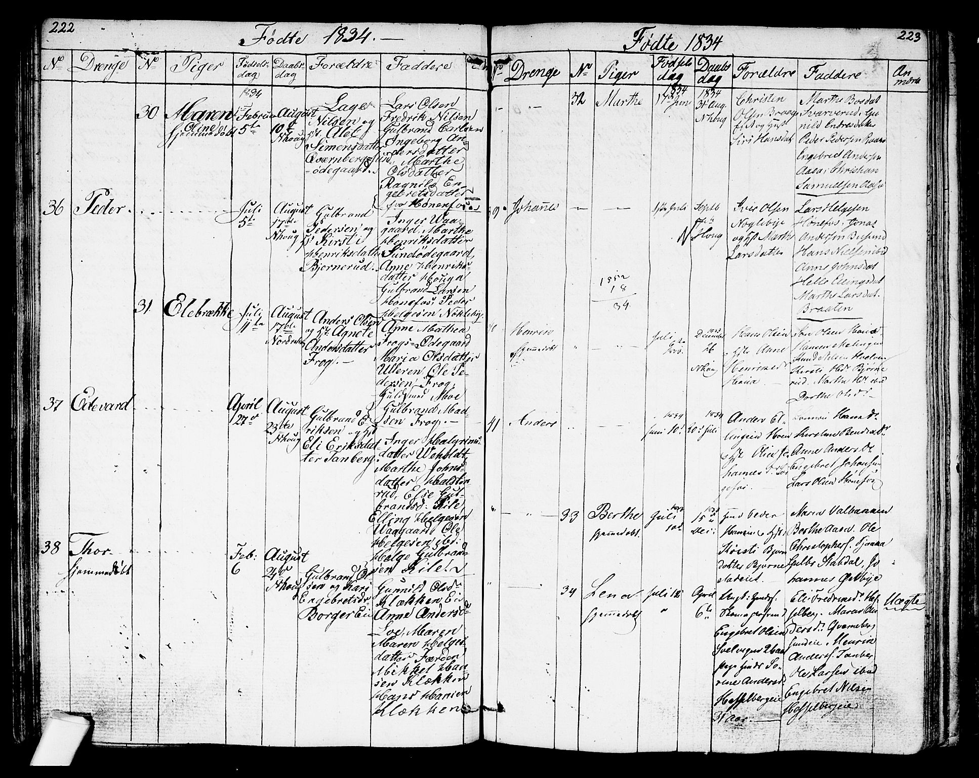 Norderhov kirkebøker, AV/SAKO-A-237/G/Ga/L0004: Klokkerbok nr. I 4, 1824-1849, s. 222-223