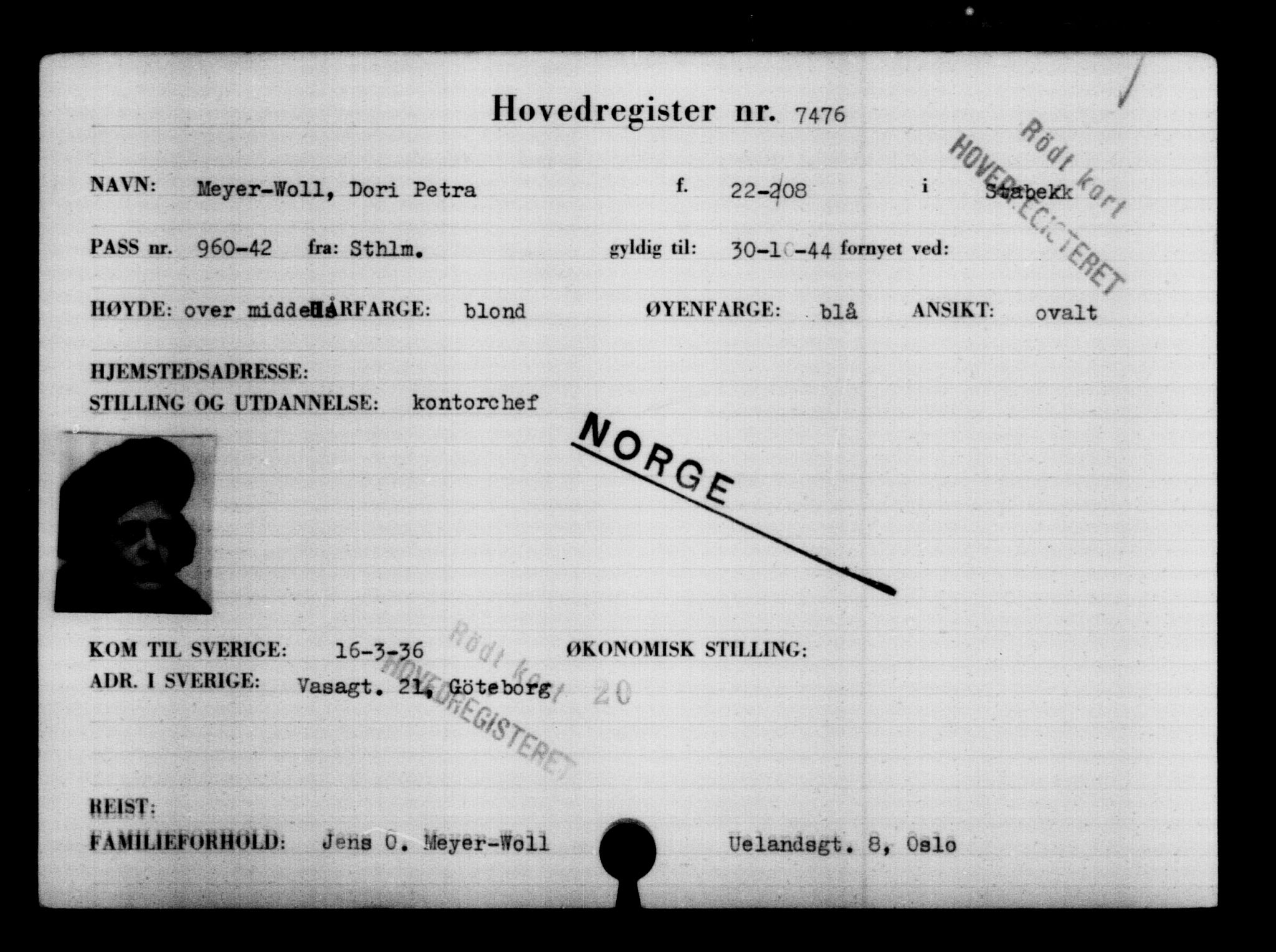 Utenriksstasjonene, Legasjonen i Stockholm, Flyktningkontoret, AV/RA-S-6753/V/Va/L0005: Kjesäterkartoteket, flyktninger med registreringsnr. 6600-9417, 1940-1945, s. 1021
