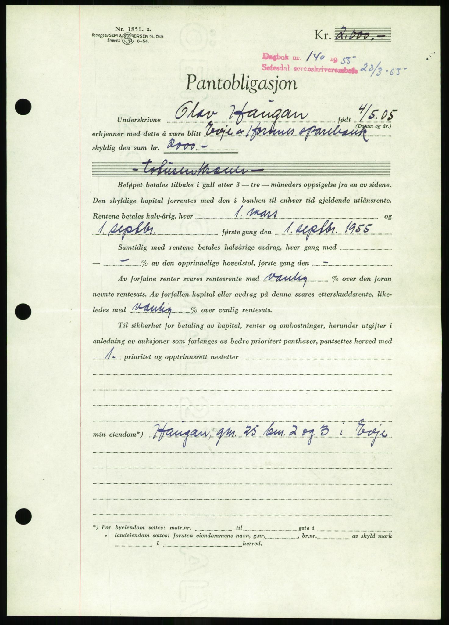 Setesdal sorenskriveri, SAK/1221-0011/G/Gb/L0052: Pantebok nr. B 40, 1954-1955, Dagboknr: 140/1955