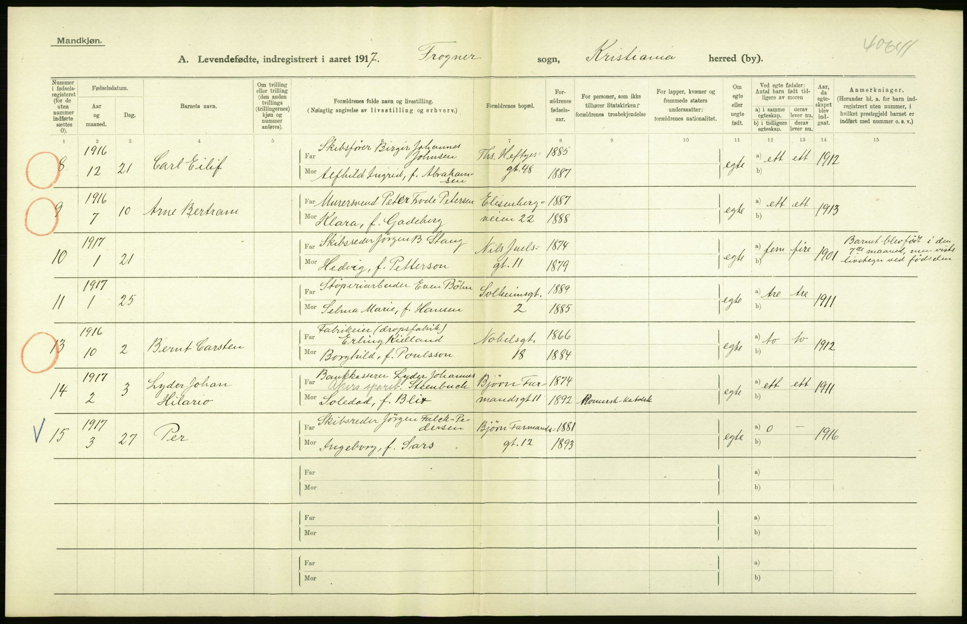 Statistisk sentralbyrå, Sosiodemografiske emner, Befolkning, AV/RA-S-2228/D/Df/Dfb/Dfbg/L0007: Kristiania: Levendefødte menn og kvinner., 1917, s. 226