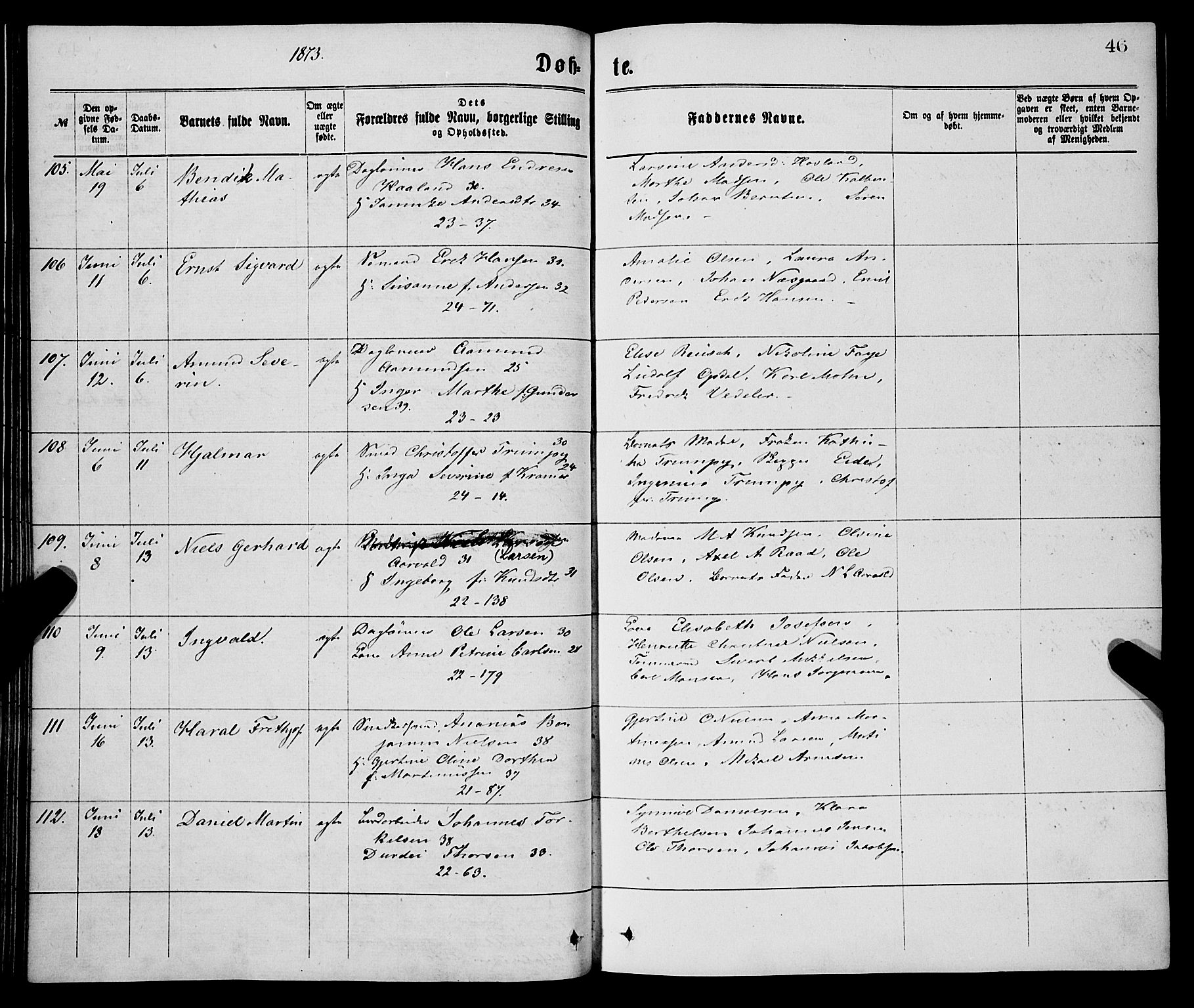 Korskirken sokneprestembete, AV/SAB-A-76101/H/Haa/L0020: Ministerialbok nr. B 6, 1871-1878, s. 46